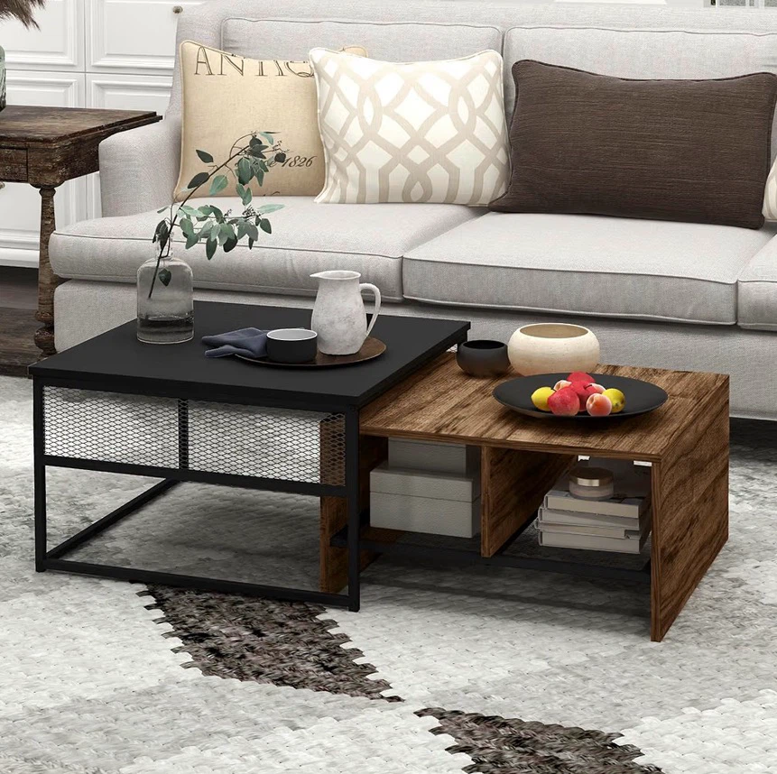 Nesting Coffee Table Set Black and Walnut