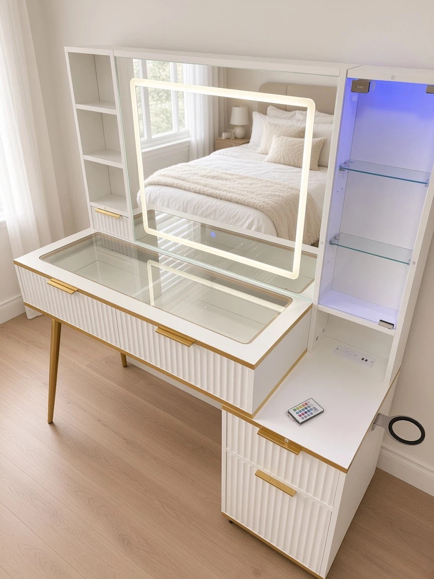 New White and Gold Vanity Table with LED Mirror