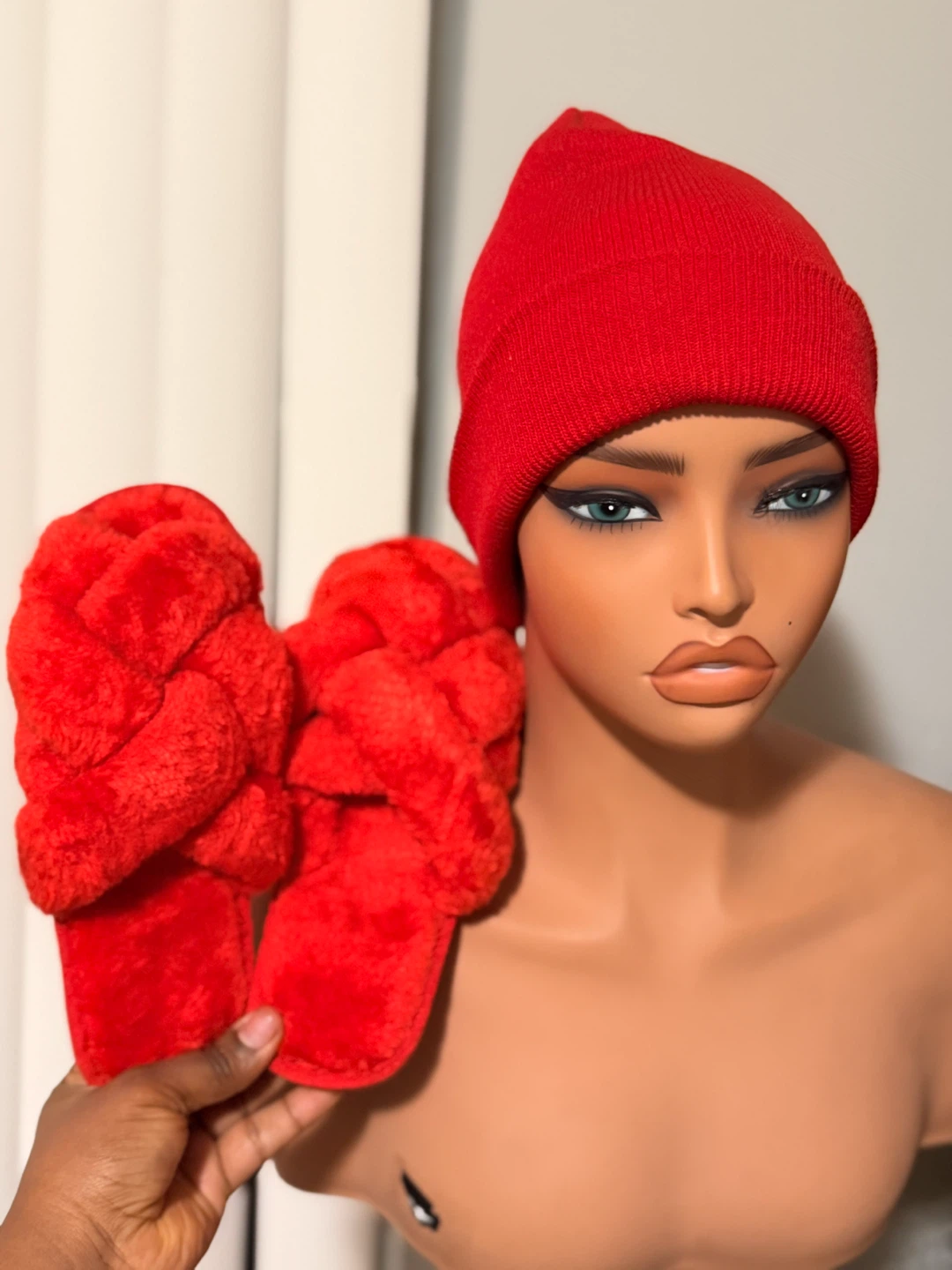 Red Plush Slippers and Matching Beanie