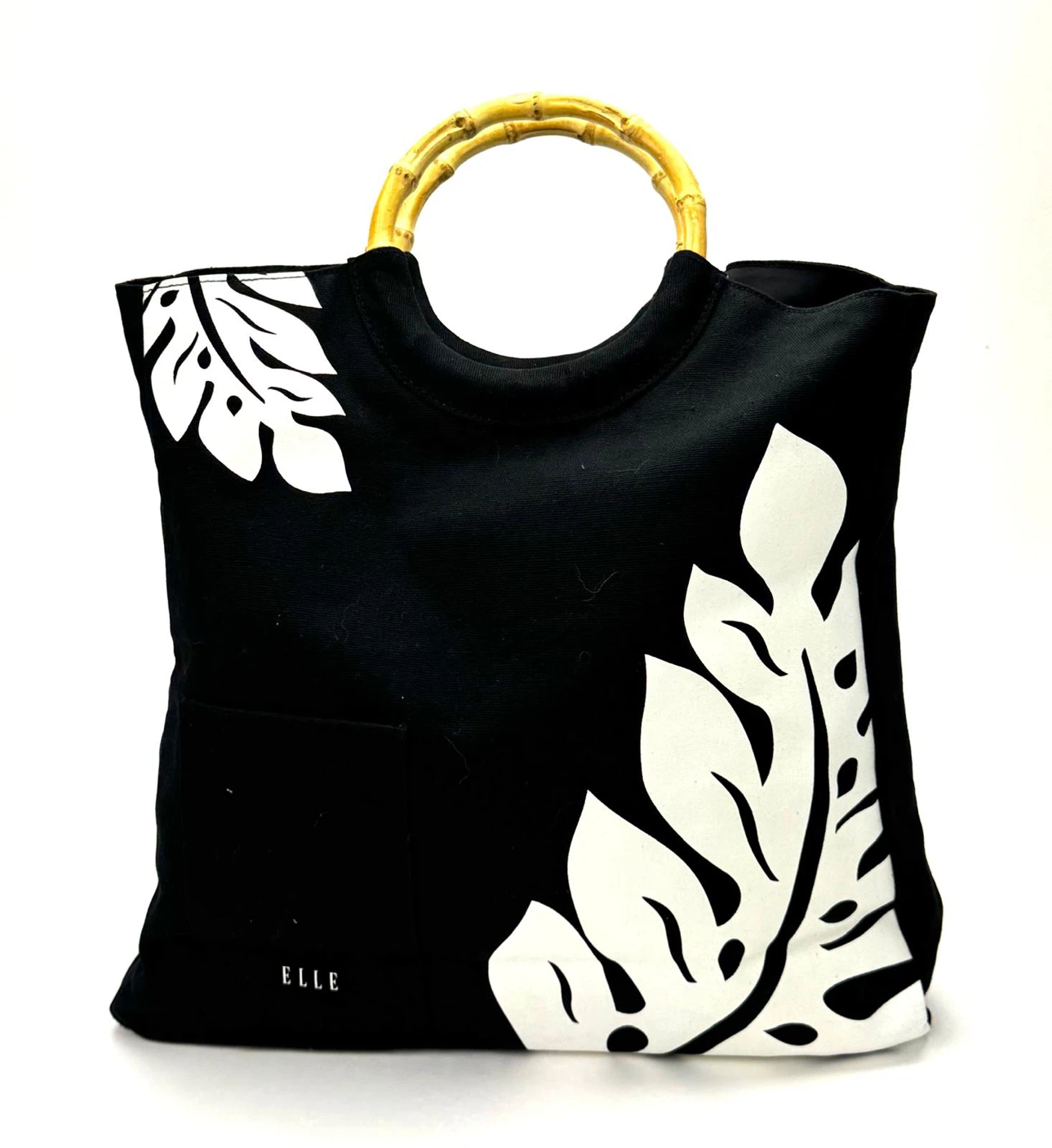 ELLE Black Canvas Tote Bag with Bamboo Handles
