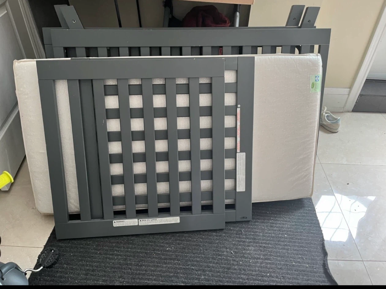 Grey Wooden Baby Crib with Mattress
