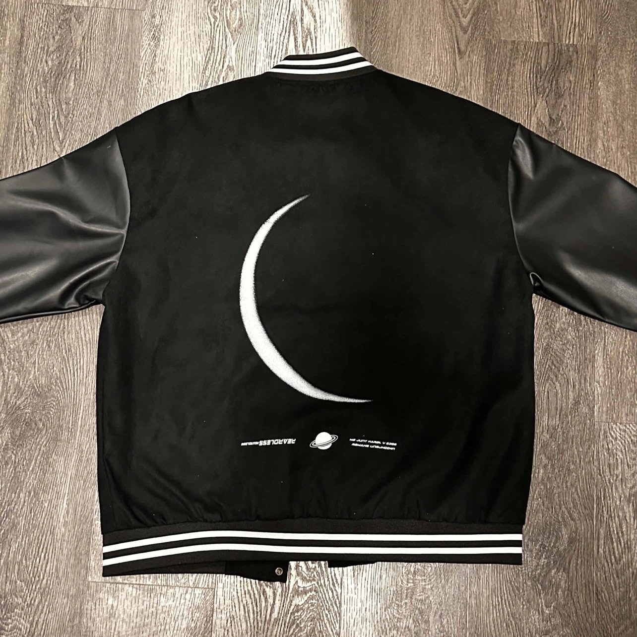 Black Varsity Bomber Jacket with Crescent Moon Design - photo 2