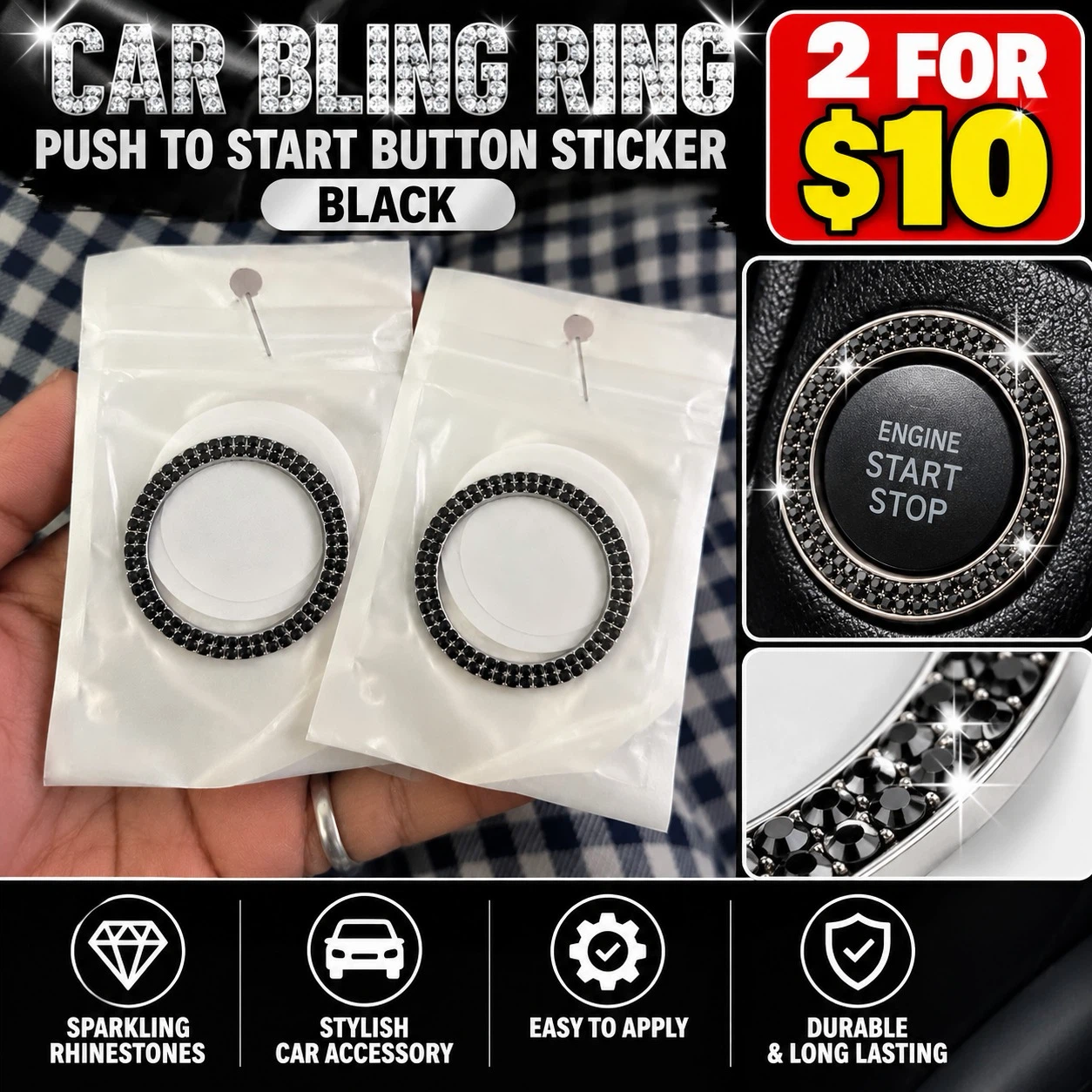 2 Car Bling Rhinestone Start Button Stickers - Black