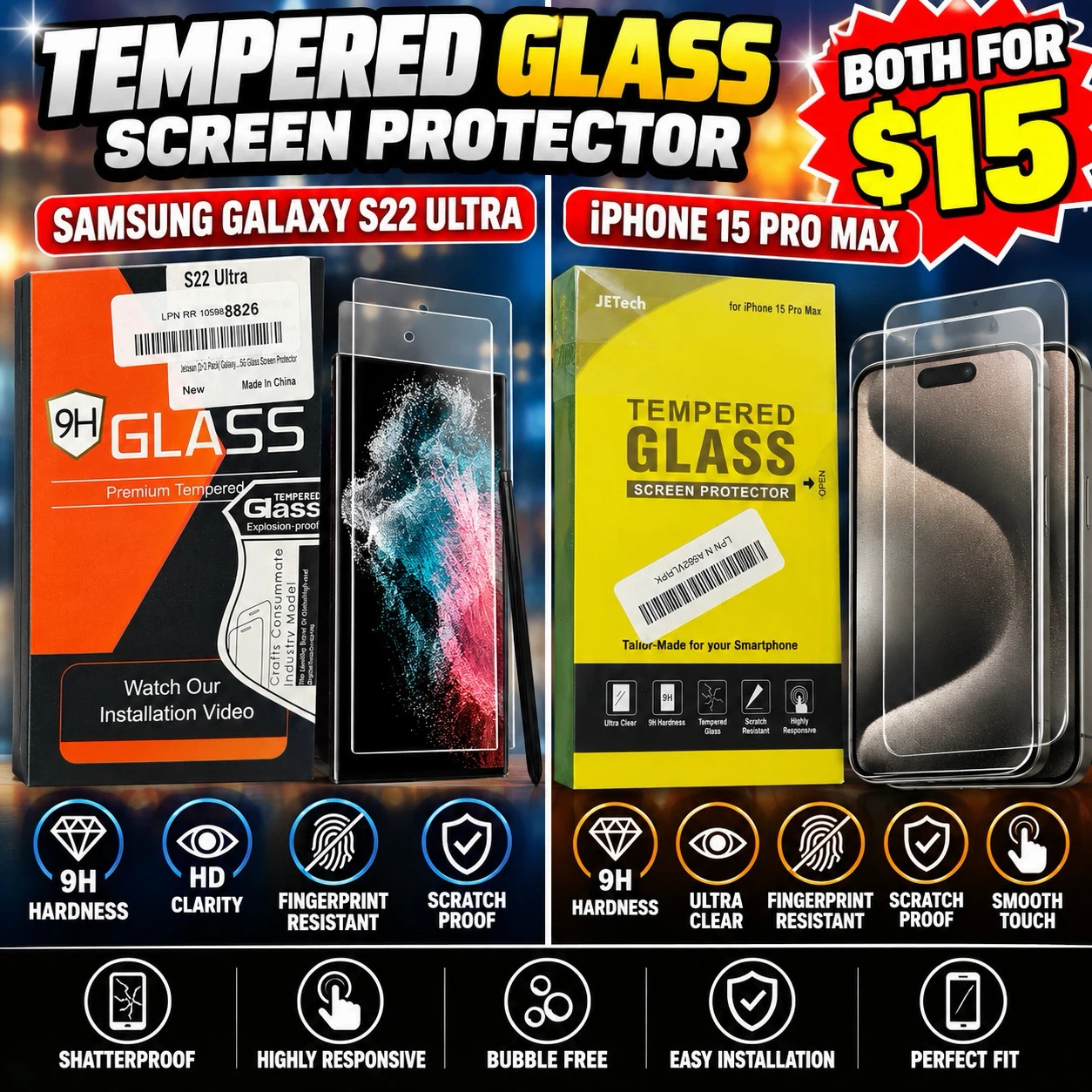 Screen Protector Bundle for S22 Ultra and iPhone 15 Pro Max