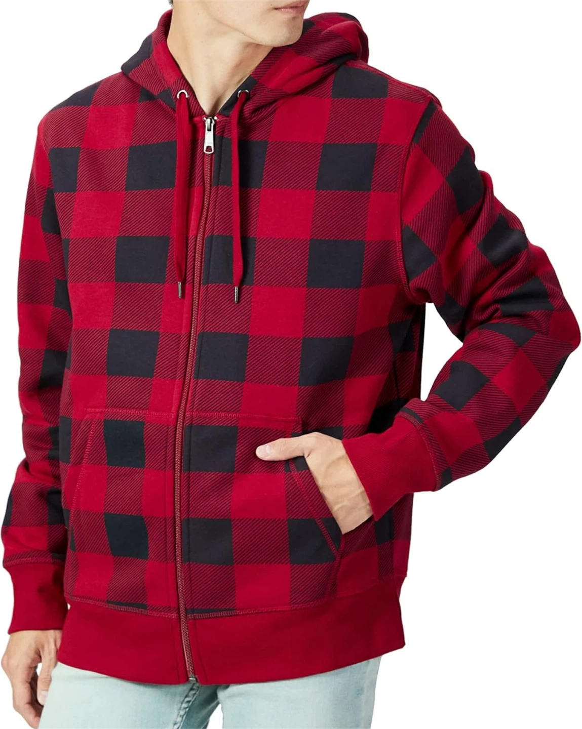 Red and black plaid zip-up hoodie