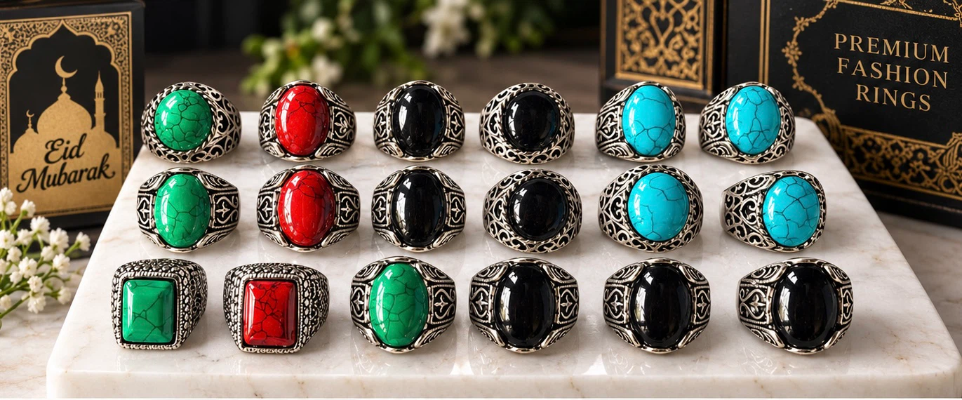 Eid Special Men’s Fashion Rings – Turquoise, Black, Red & Green