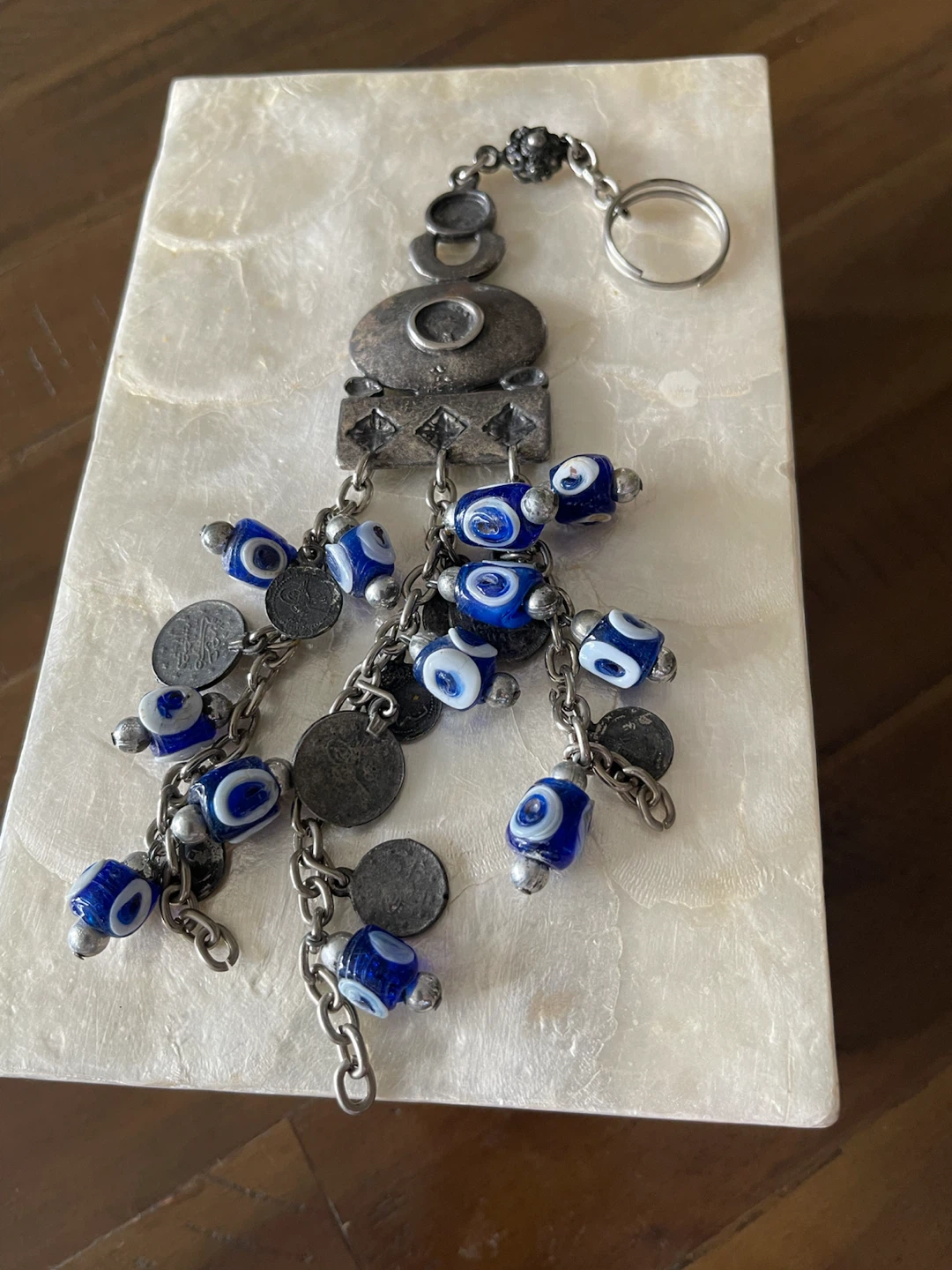 Evil Eye Charm Keychain with coins and blue stones