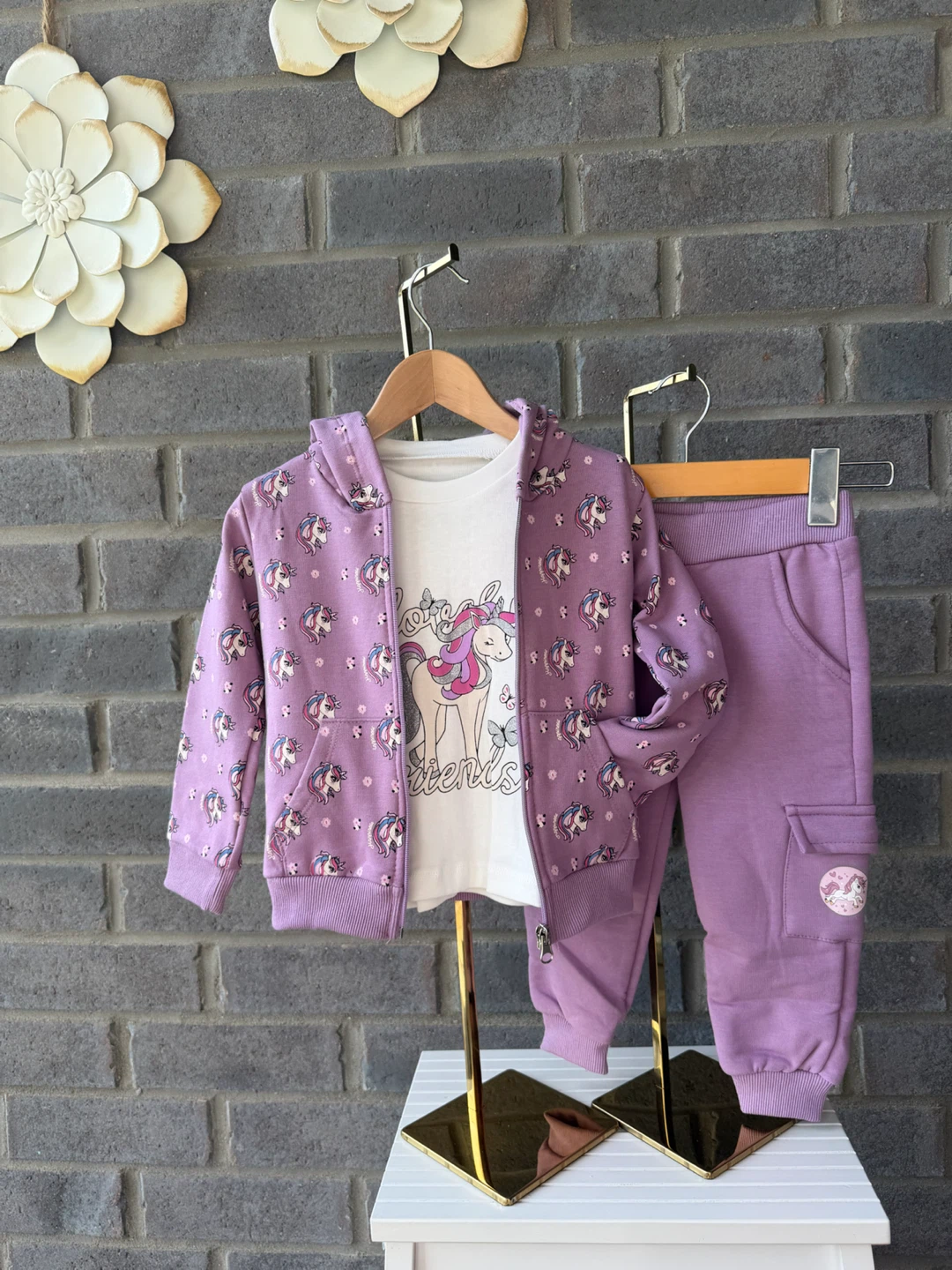 Girls’ 3-Piece Unicorn Outfit Set Hoodie T-Shirt Cargo Pants New