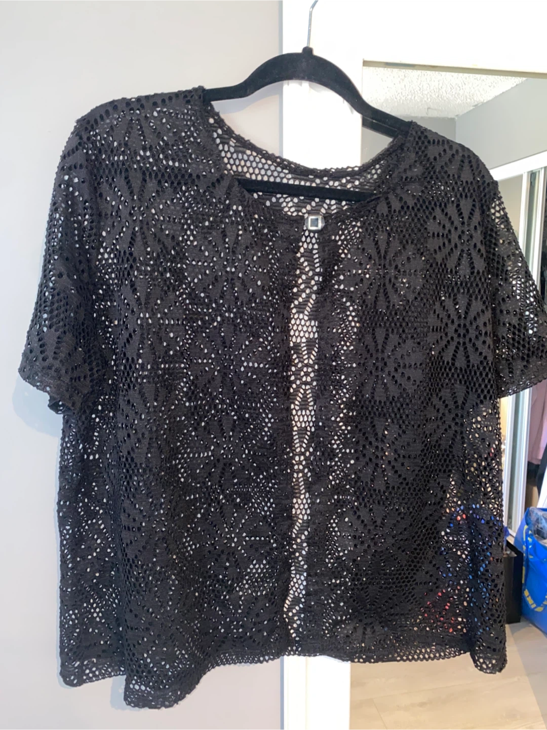 Black Crocheted Open-Front Cardigan