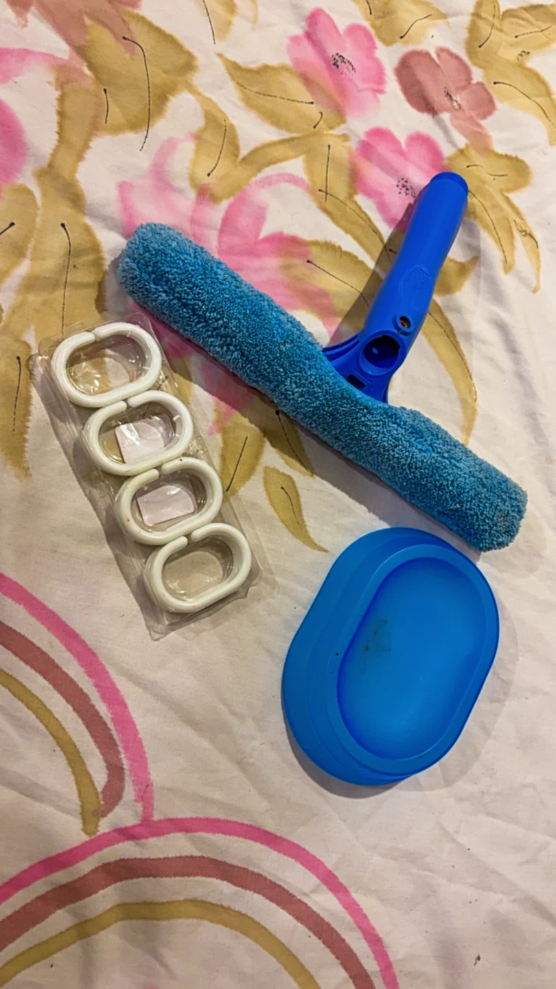 Window Squeegee, Soap Dish, and Shower Hooks