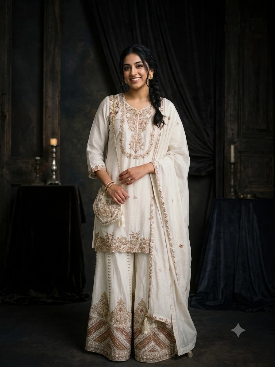 Cream Embroidered sharara suits Set - photo 2