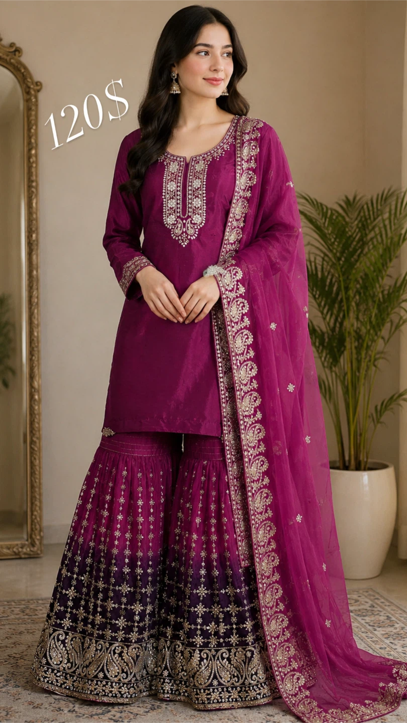 Embroidered Purple Gharara Set