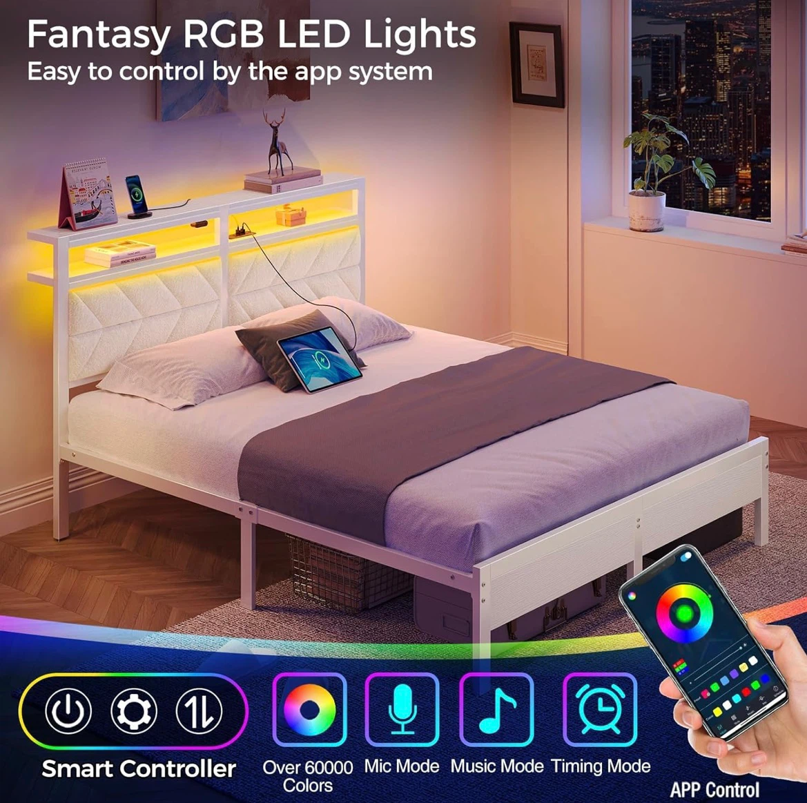 Queen size LED bed frame with storage headboard - photo 4