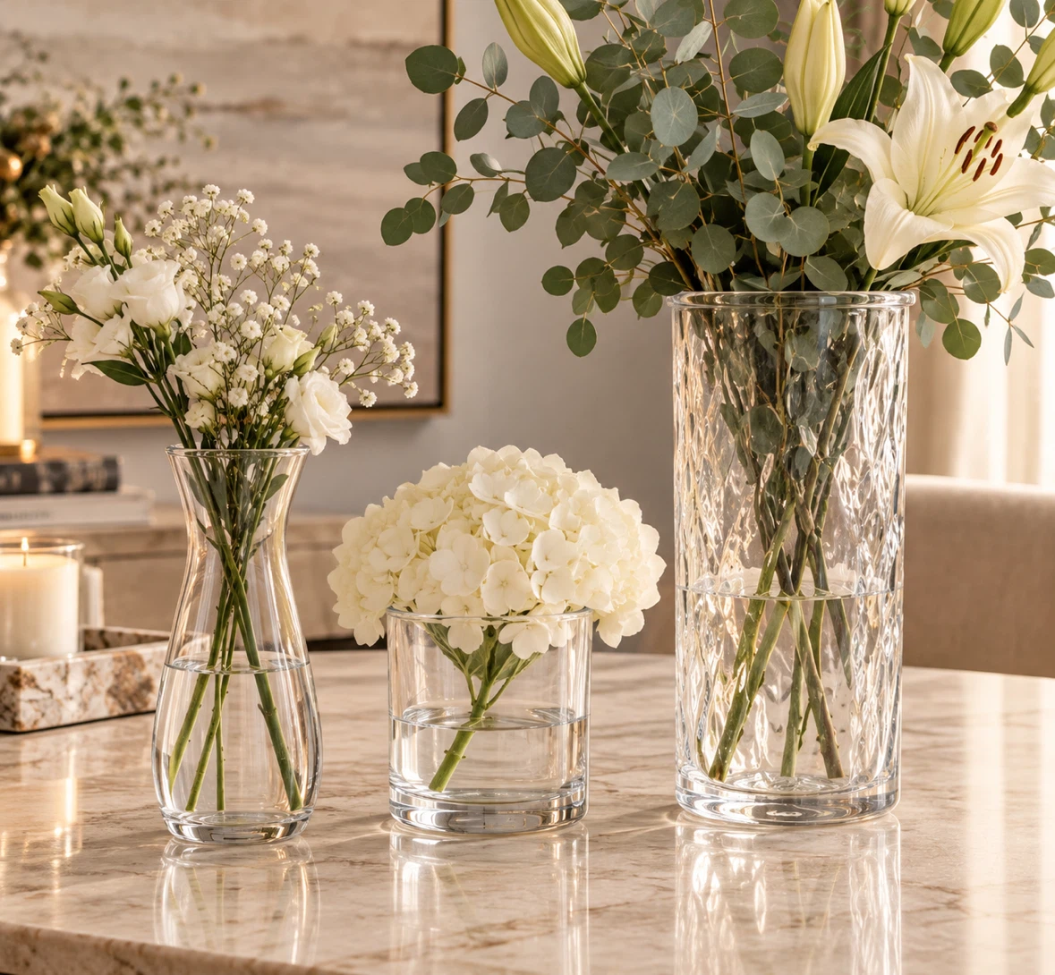 Set of 3 Elegant Clear Glass Vases | Modern Home & Wedding Décor