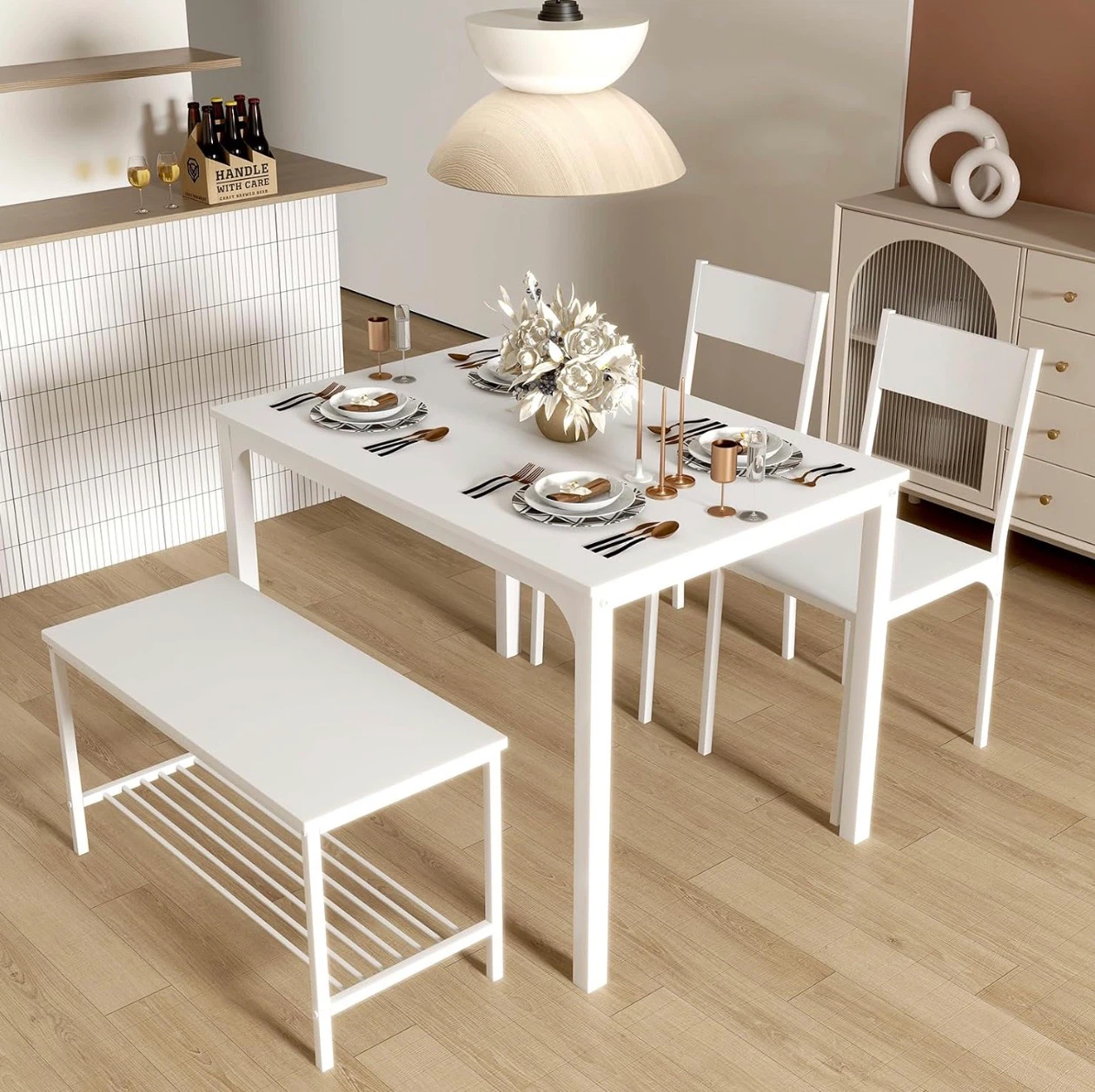White Dining Table Set with Two Chairs and Bench