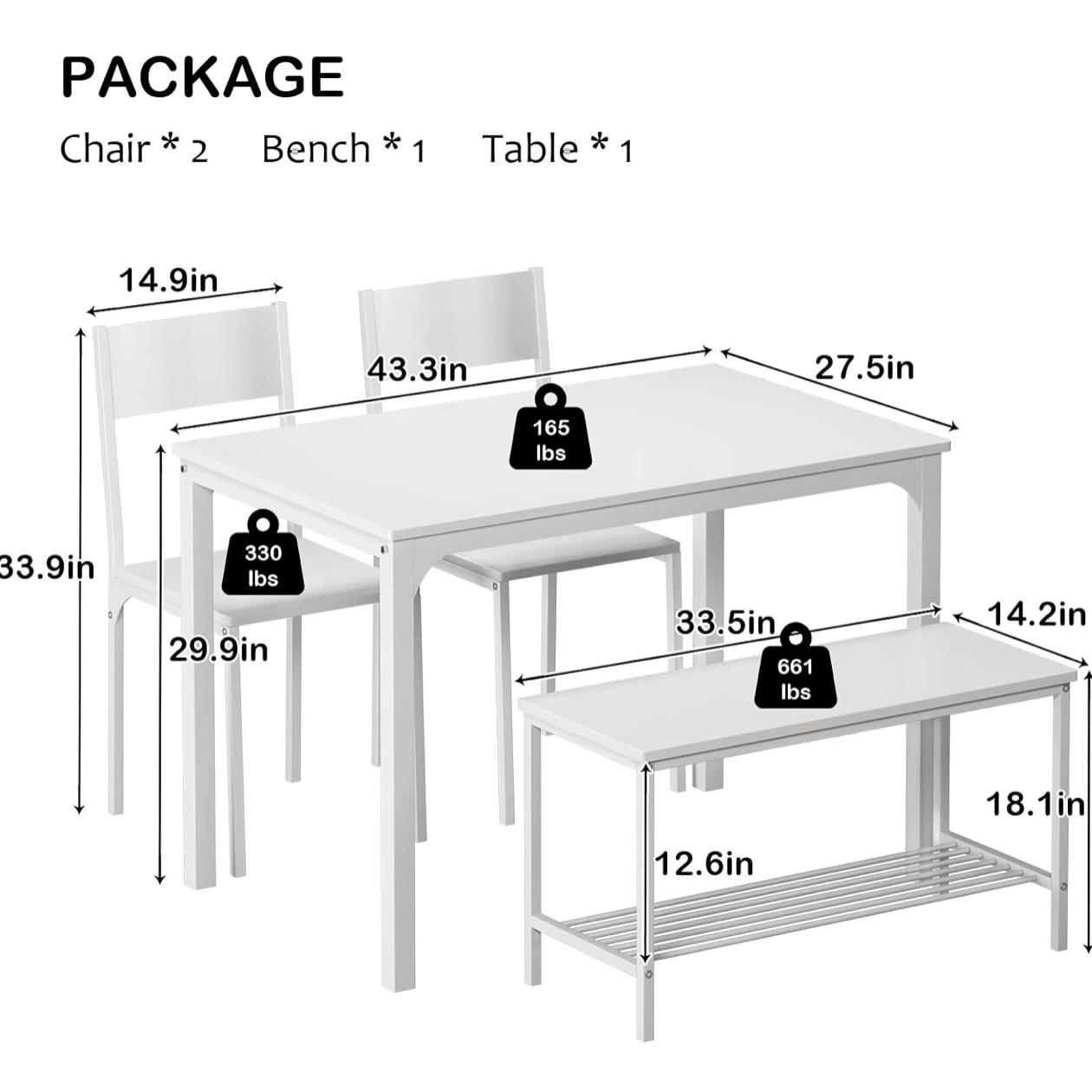 White Dining Table Set with Two Chairs and Bench - photo 2