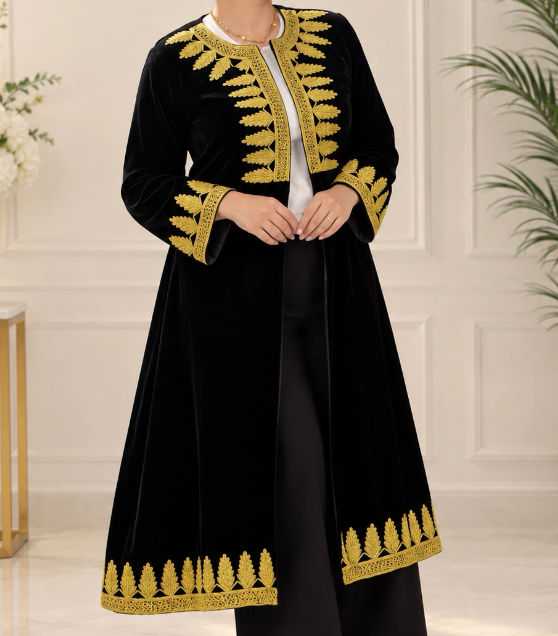 Black and Gold Embroidered Velvet Kaftan