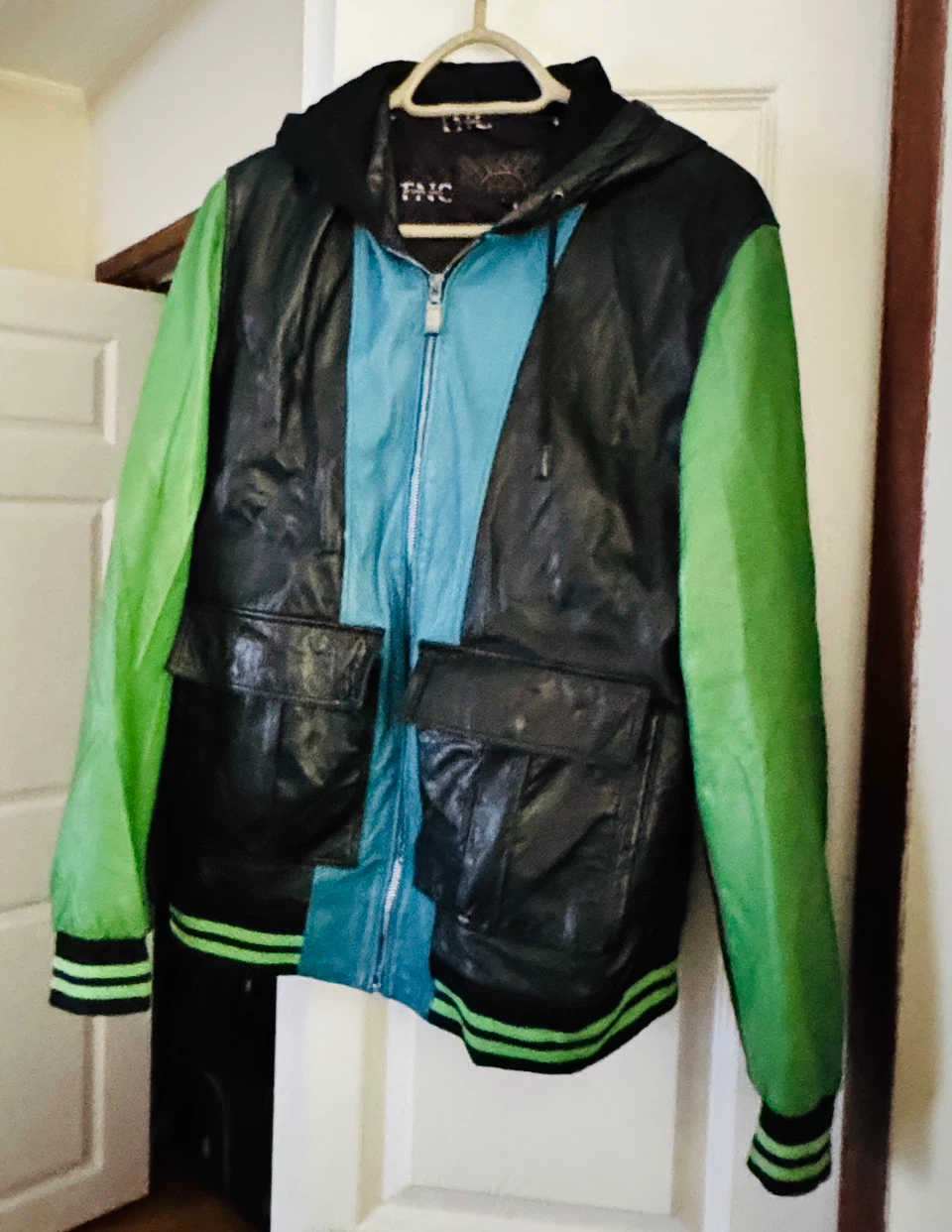 %100 leather  Colourblock Hooded Varsity Jacket