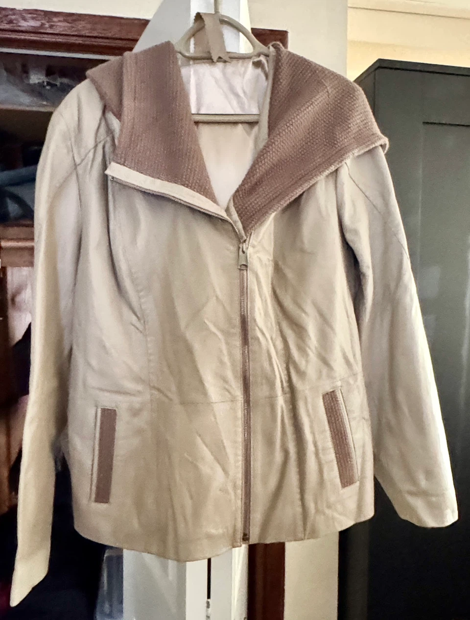 Beige leather hooded jacket