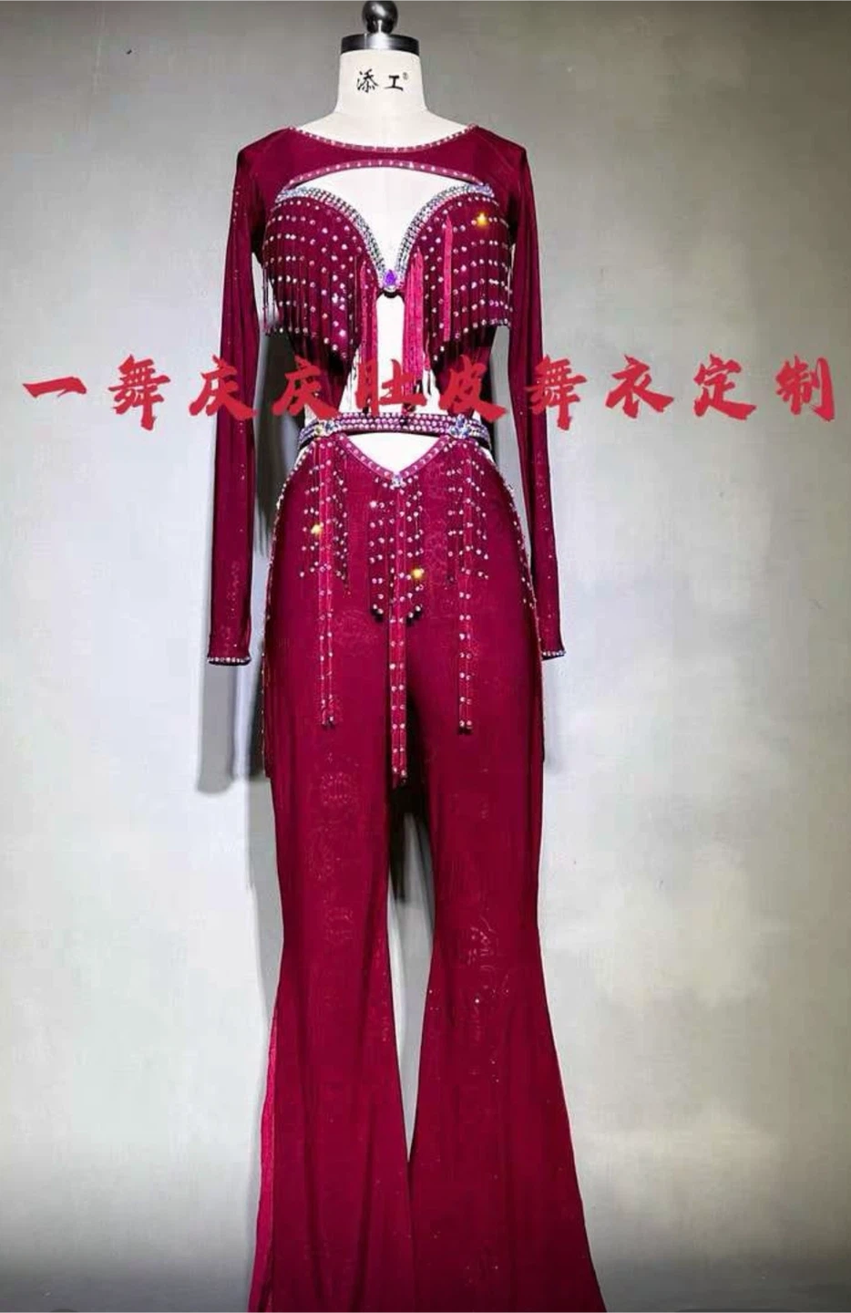 Burgundy Rhinestone Fringe Dance Costume