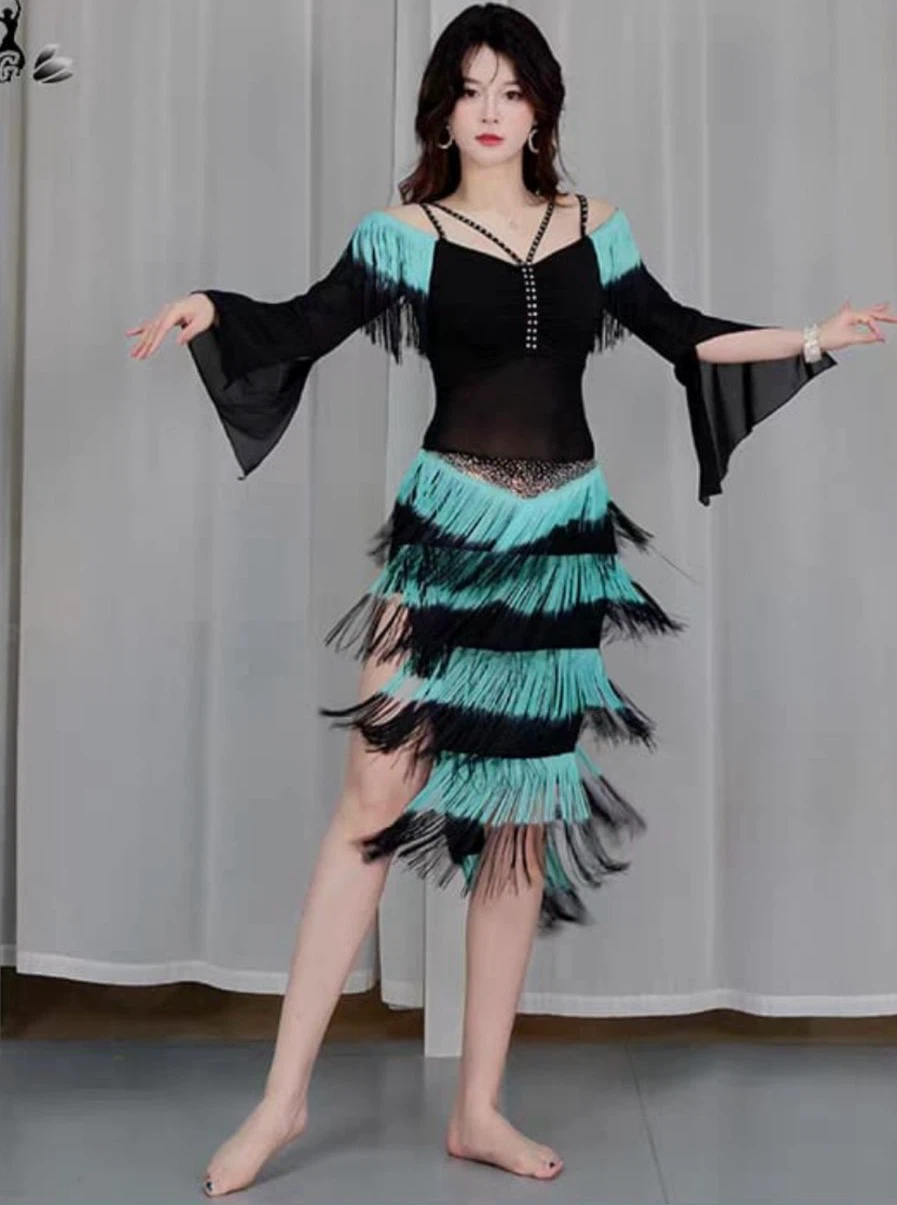 Black and Turquoise Fringe Latin Dance Dress