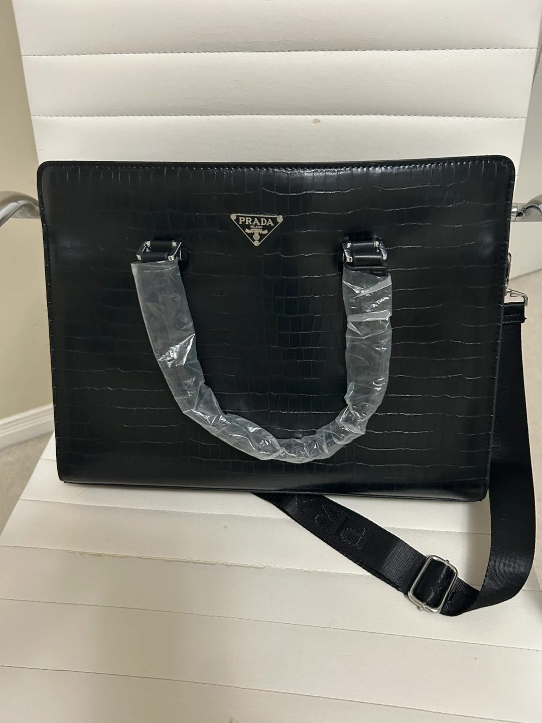 Prada Black Crocodile Embossed Briefcase