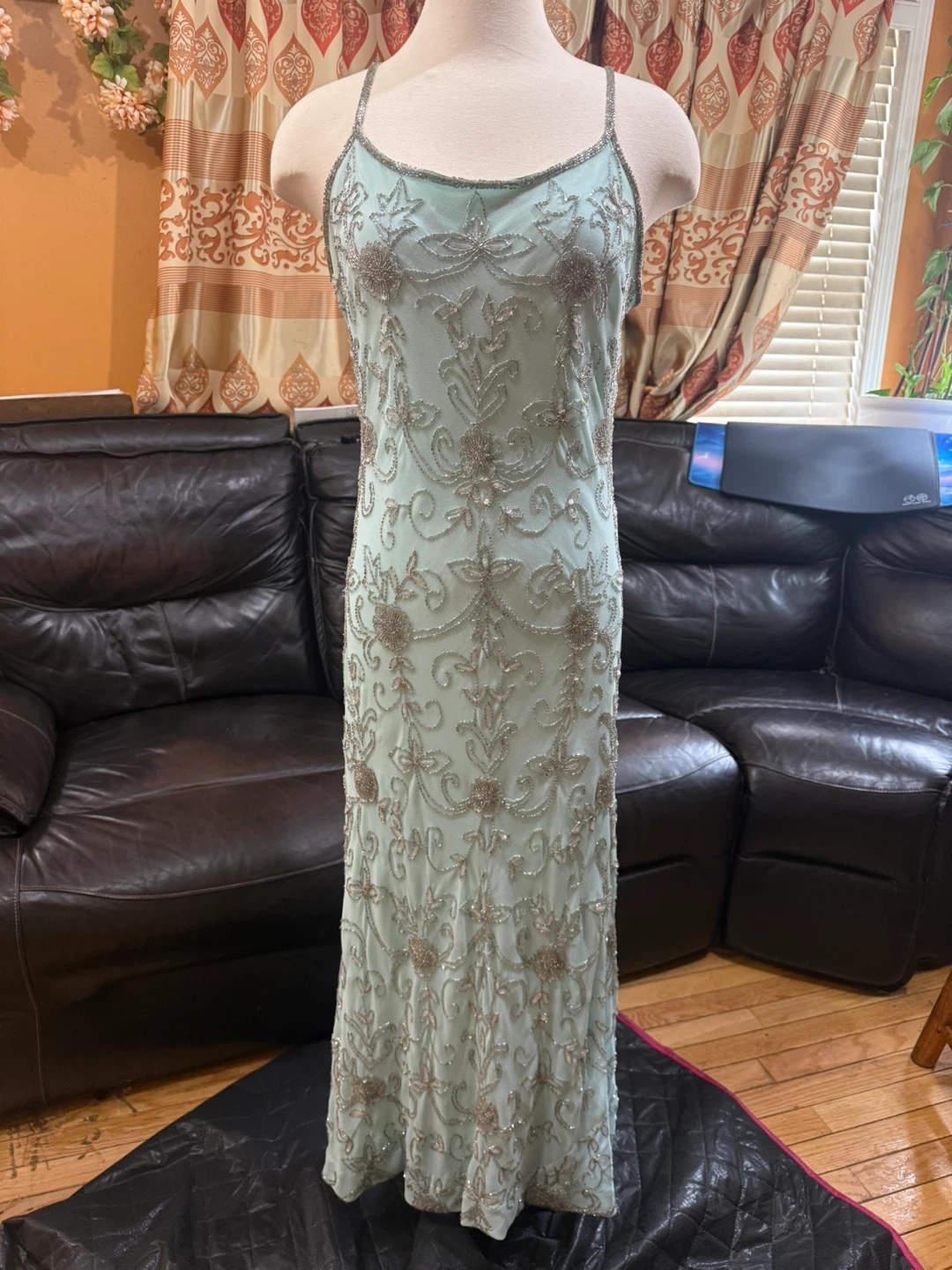 Together light blue maxi dress w/silver beaded vine embroidery