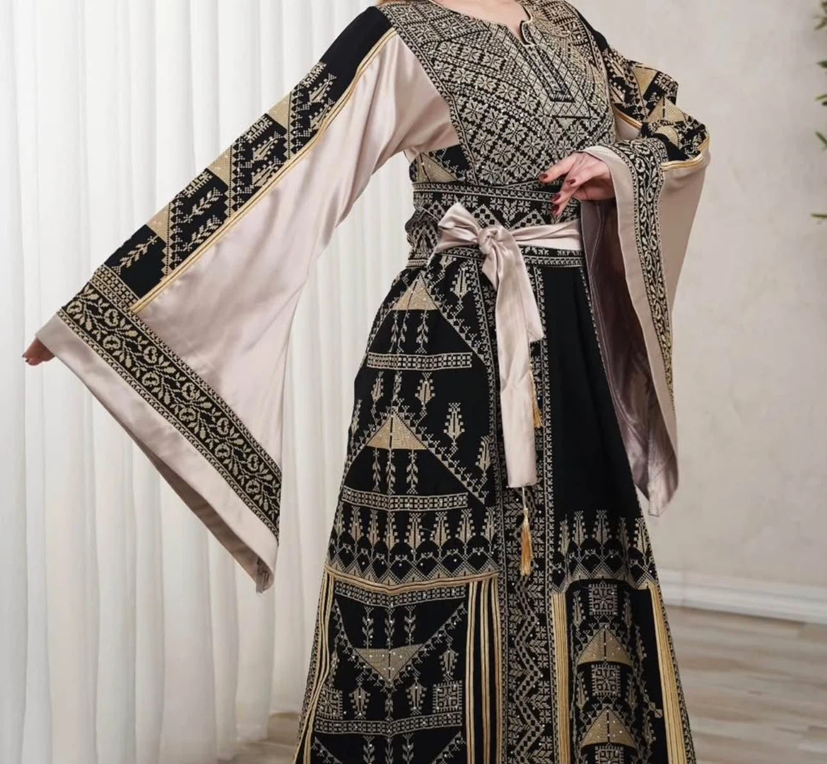 Black and Beige Embroidered Kaftan Dress