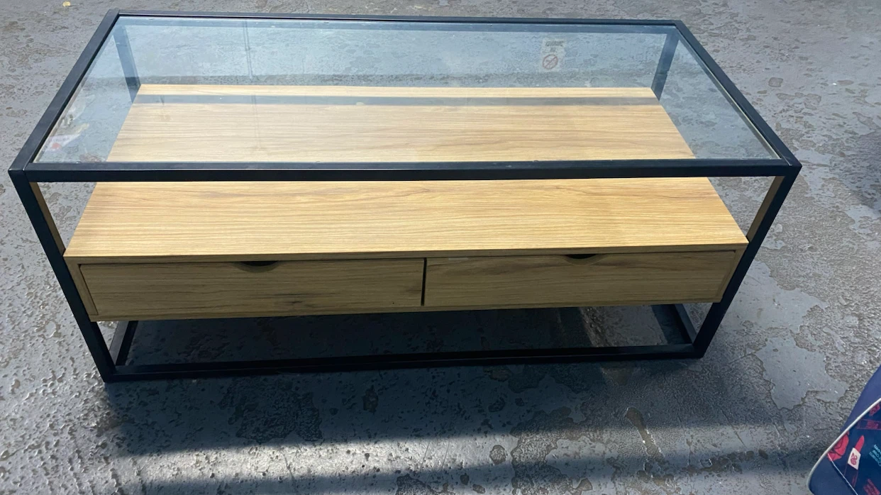 Industrial Style Glass and Wood Coffee Table