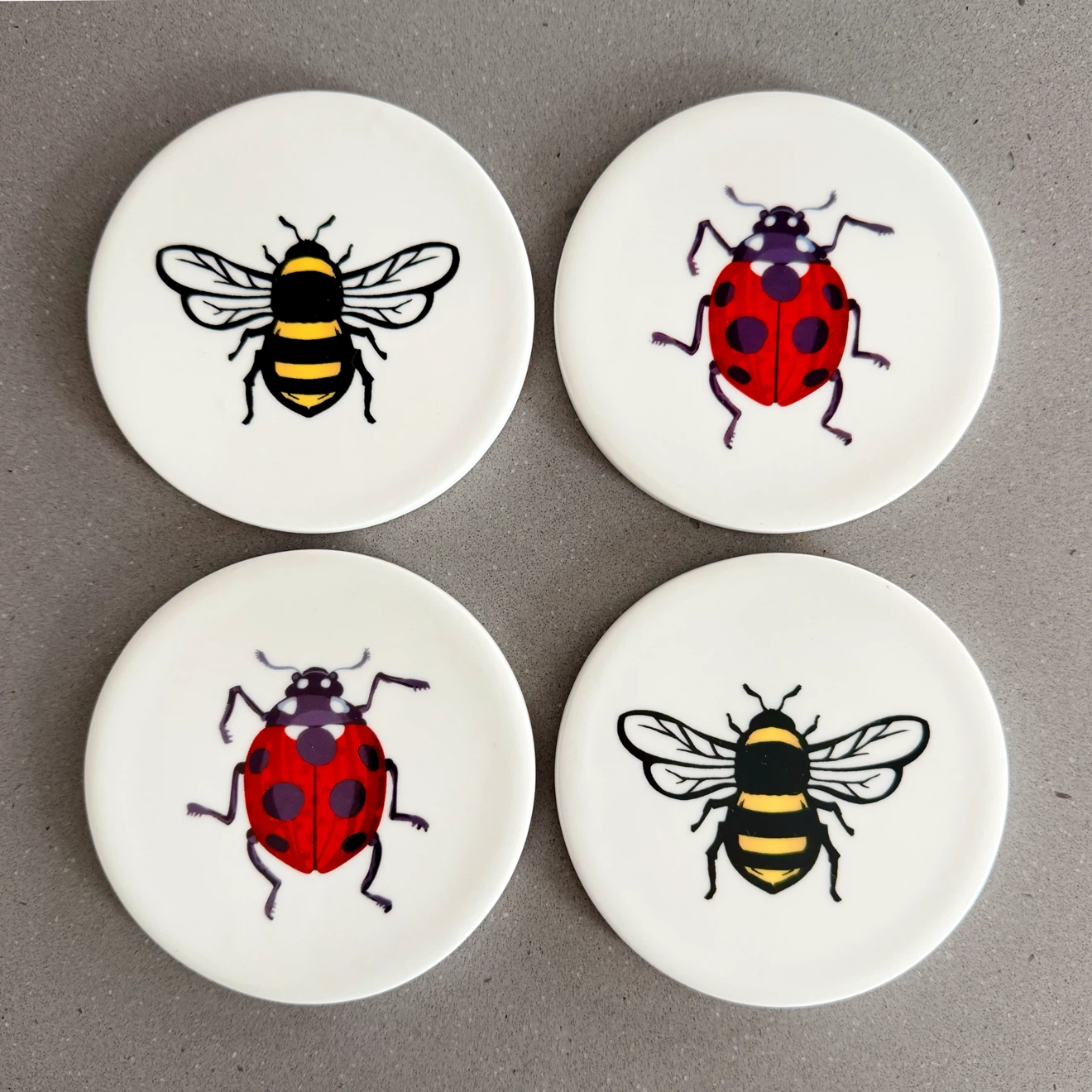 4x Ceramic Ladybug & Bumblebee Coasters