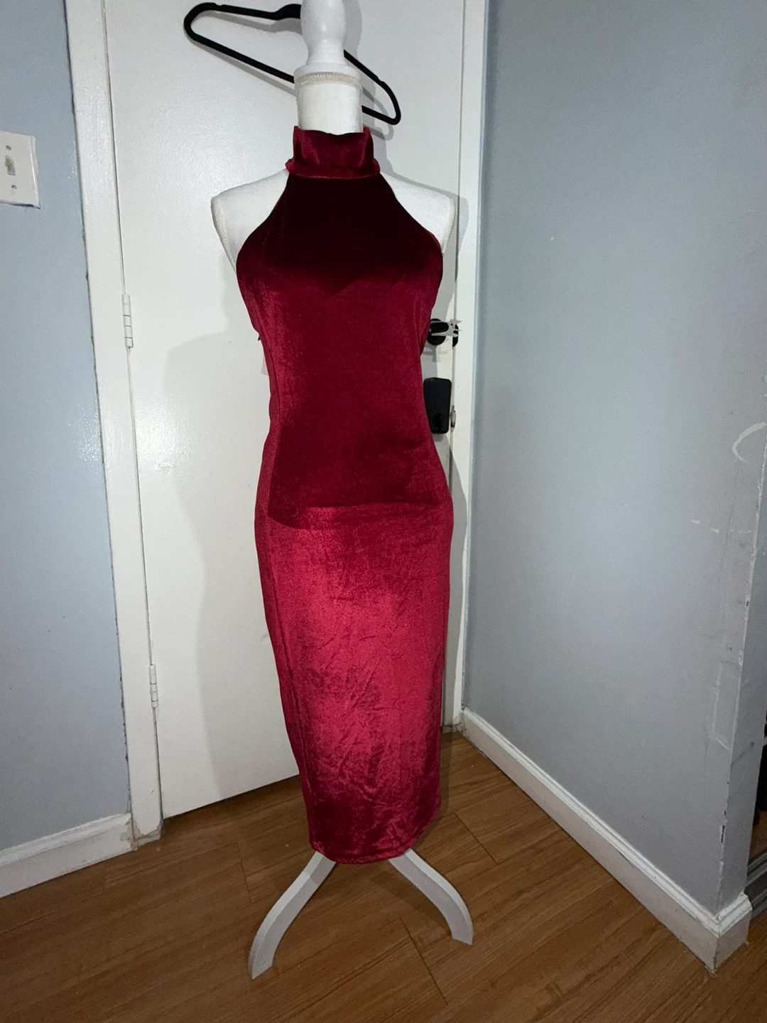 Red Velvet Mock Neck Cross Strap Midi Dress