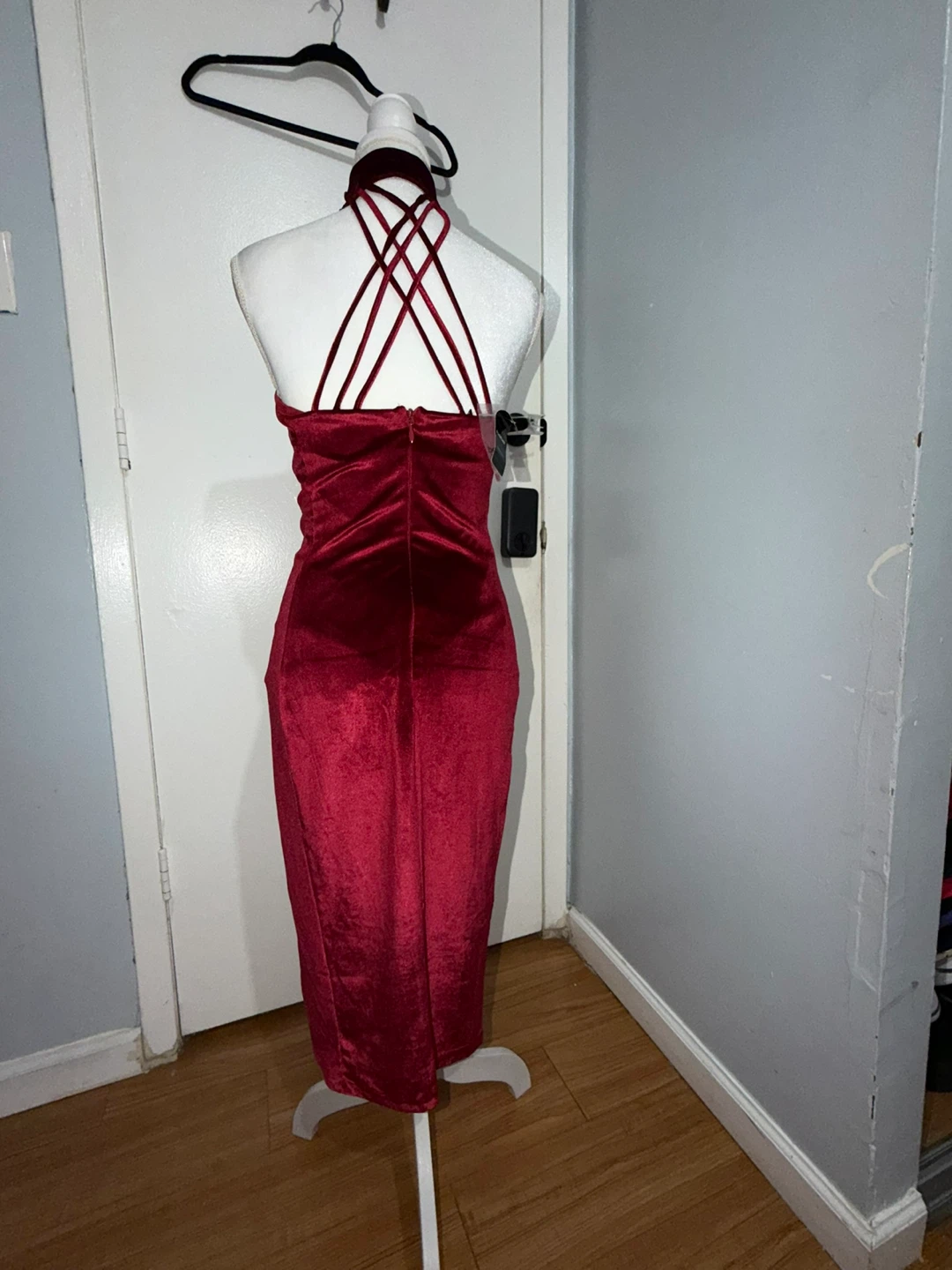 Red Velvet Mock Neck Cross Strap Midi Dress - photo 2