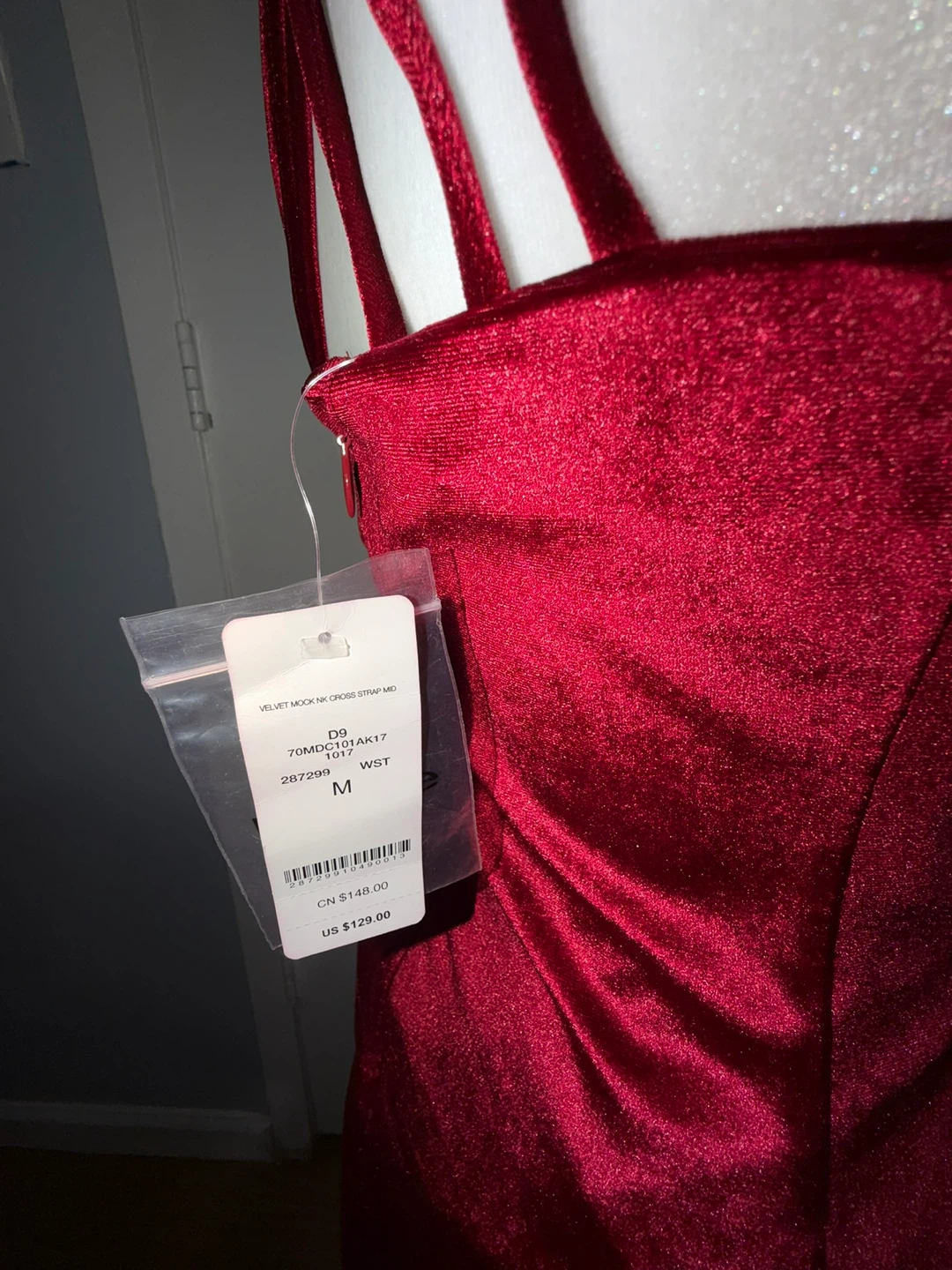 Red Velvet Mock Neck Cross Strap Midi Dress - photo 3