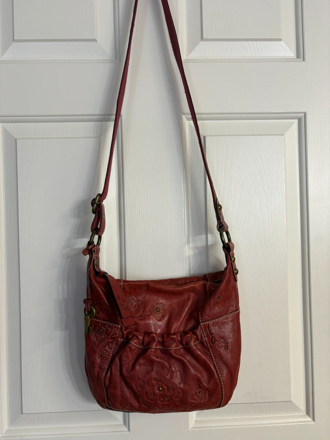 Fossil “Long Live Vintage” Floral Embossed Leather Crossbody Bag