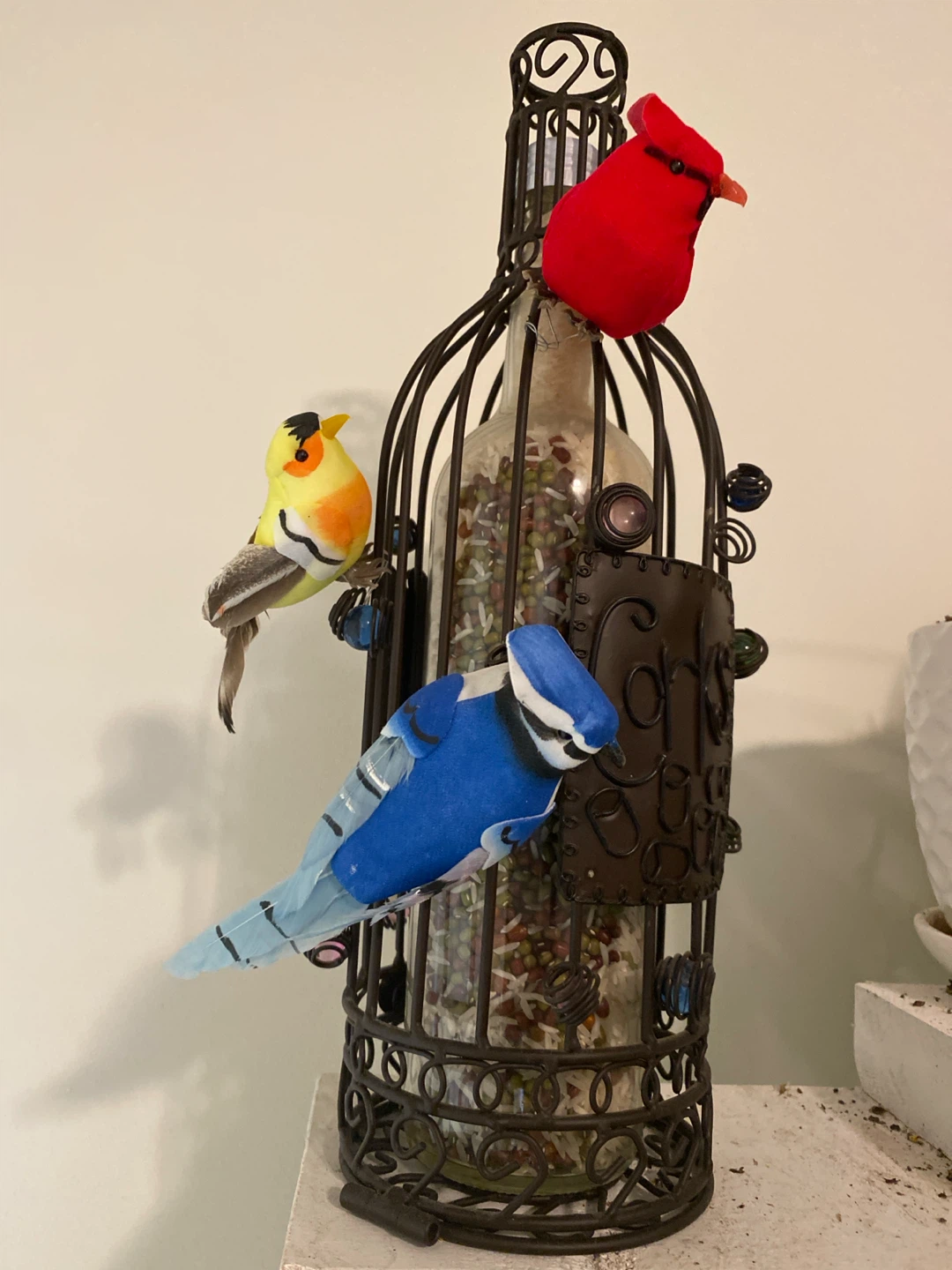 Decorative Metal Bird Cage with Three Artificial Birds
