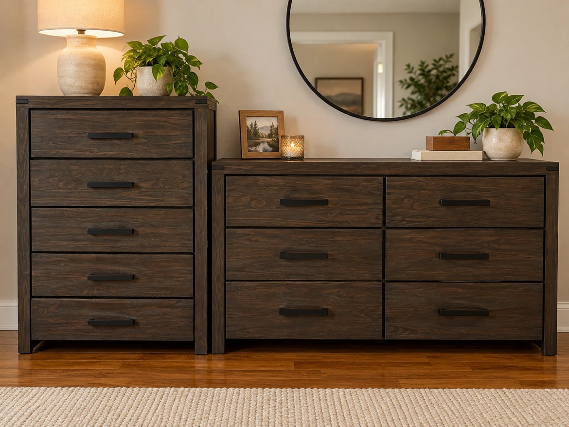 Bob’s Furniture Rustic Dark Wood Bedroom Dresser Set - photo 2