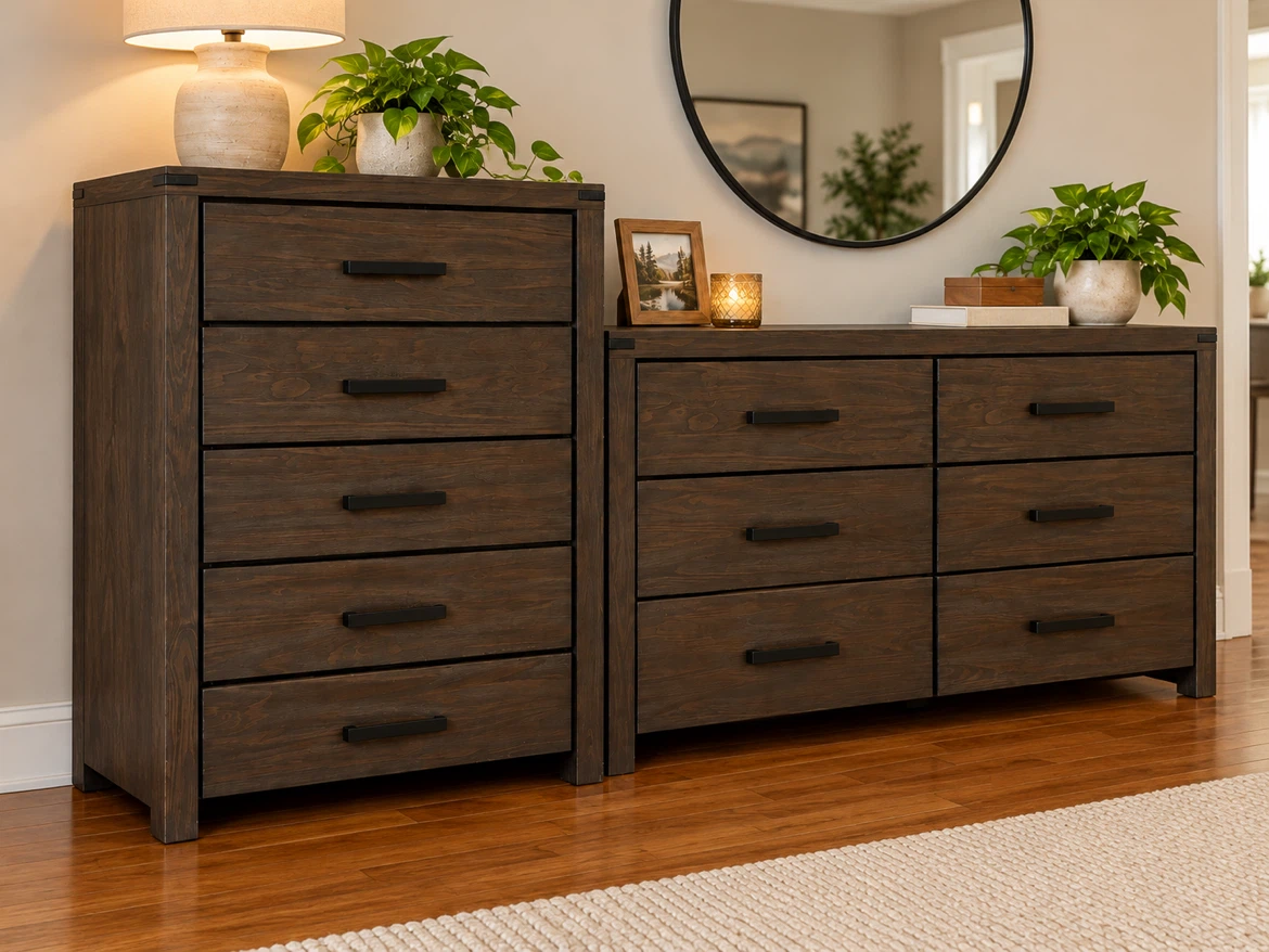 Bob’s Furniture Rustic Dark Wood Bedroom Dresser Set - photo 3