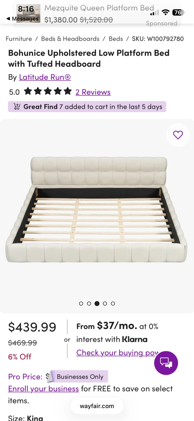 King Size Tufted Bed Frame + Box Spring $300 - photo 3