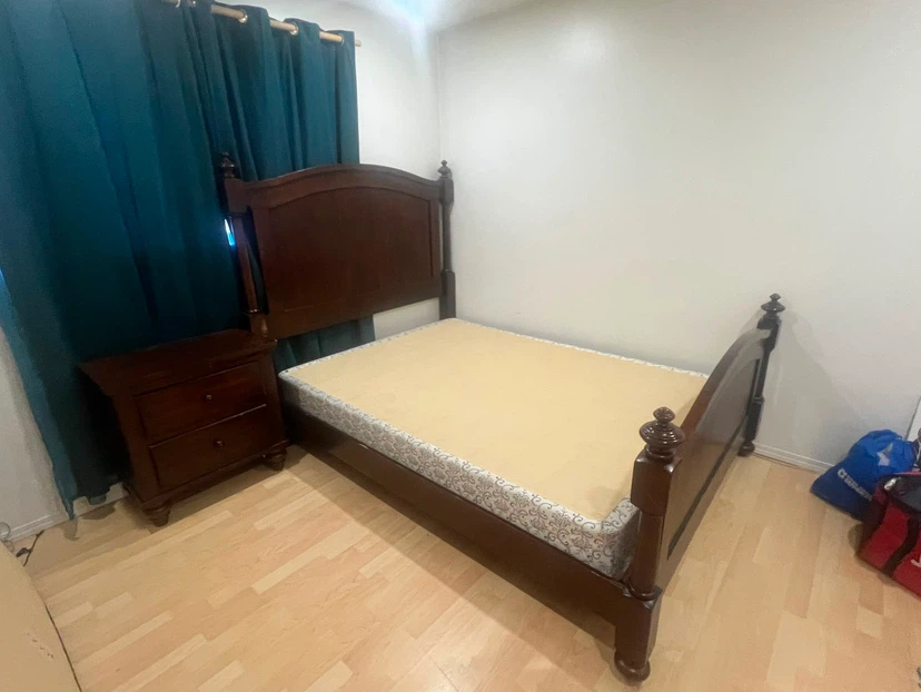 Queen frame, box spring and side table