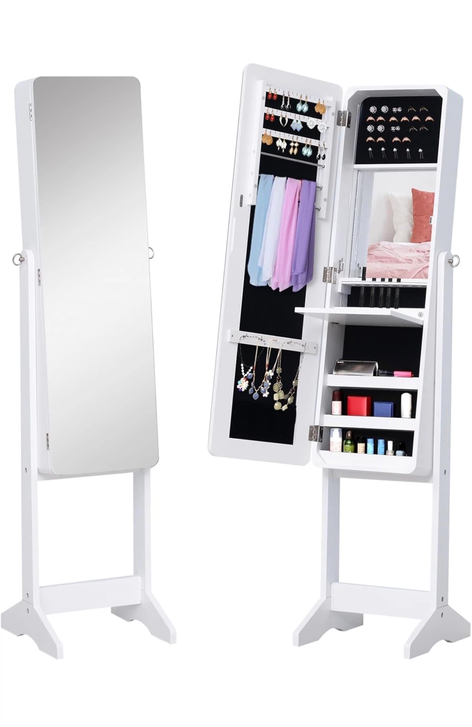 White Standing Jewelry Armoire with Mirror