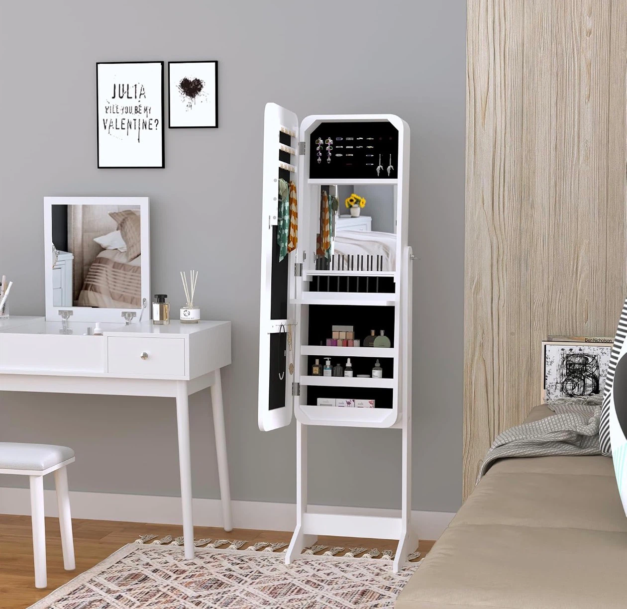 White Standing Jewelry Armoire with Mirror - photo 2