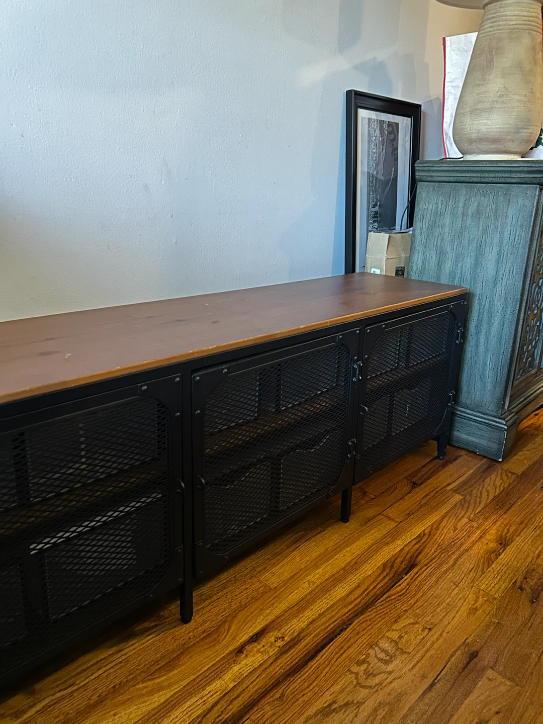 Industrial style metal and wood media console