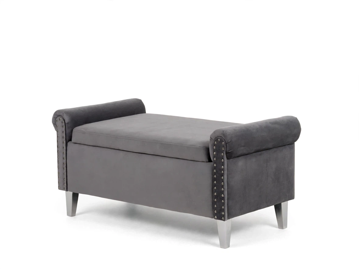 Grey Velvet Upholstered Storage Bench - photo 3