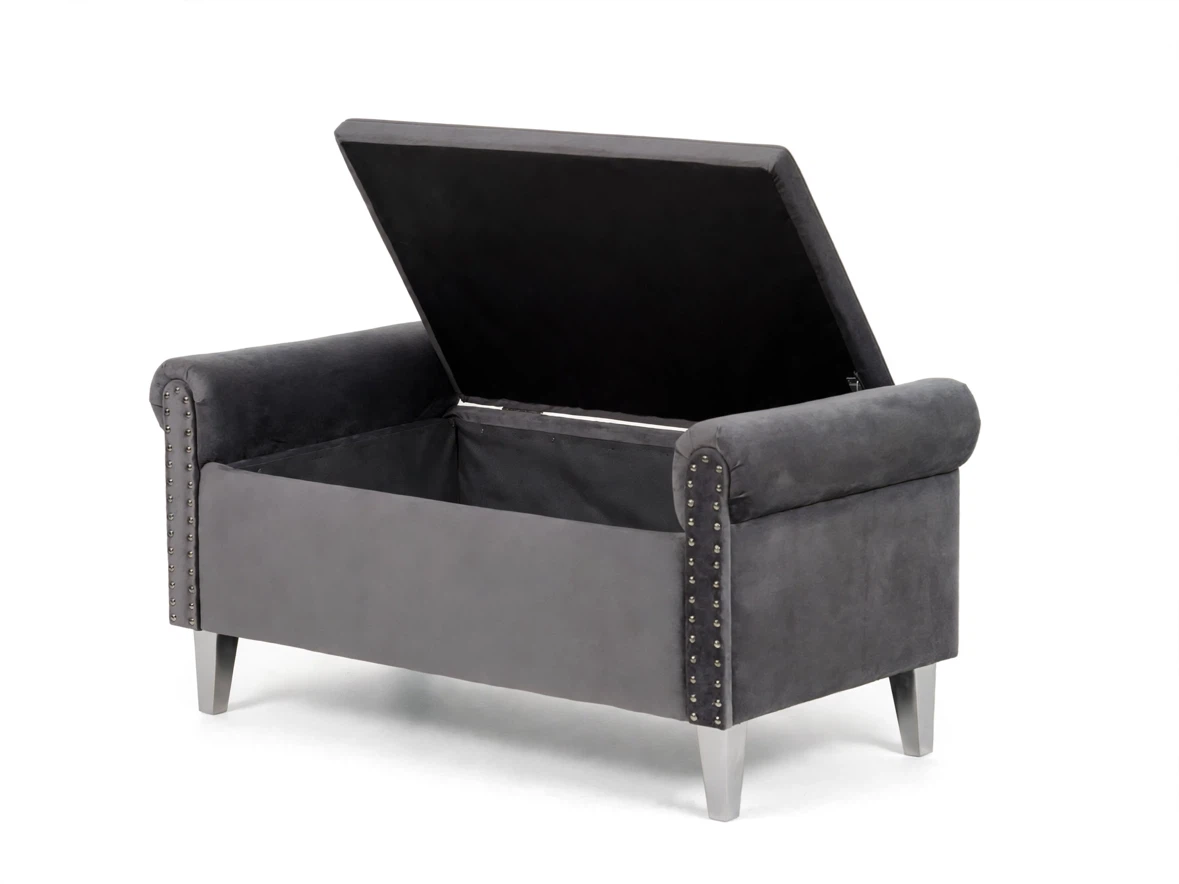 Grey Velvet Upholstered Storage Bench - photo 4