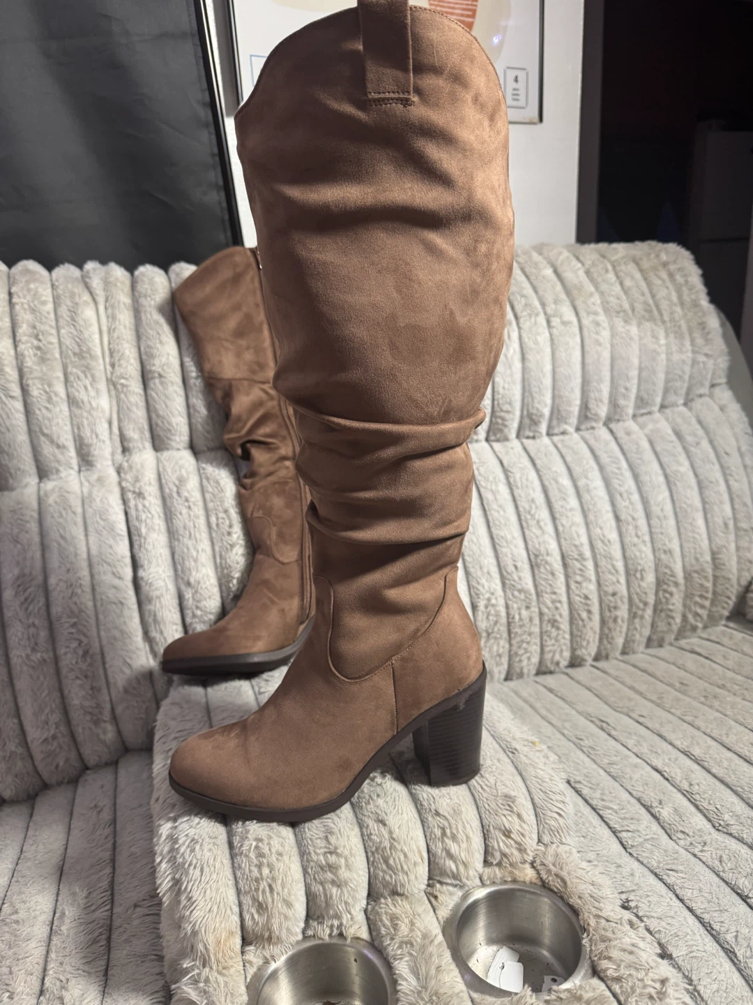 Brown Suede Slouchy Knee-High Boots