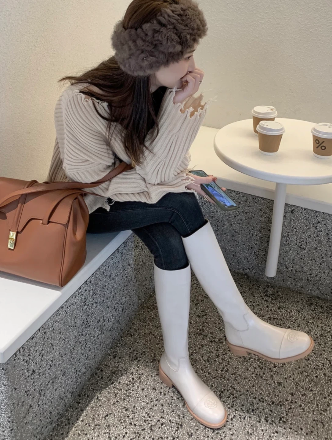 New size 37- Cream Camellia Knee-High Boots - photo 4