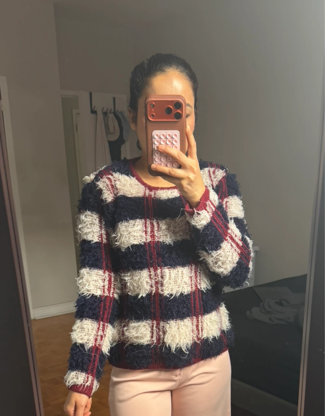 Fuzzy Plaid Crew Neck Sweater