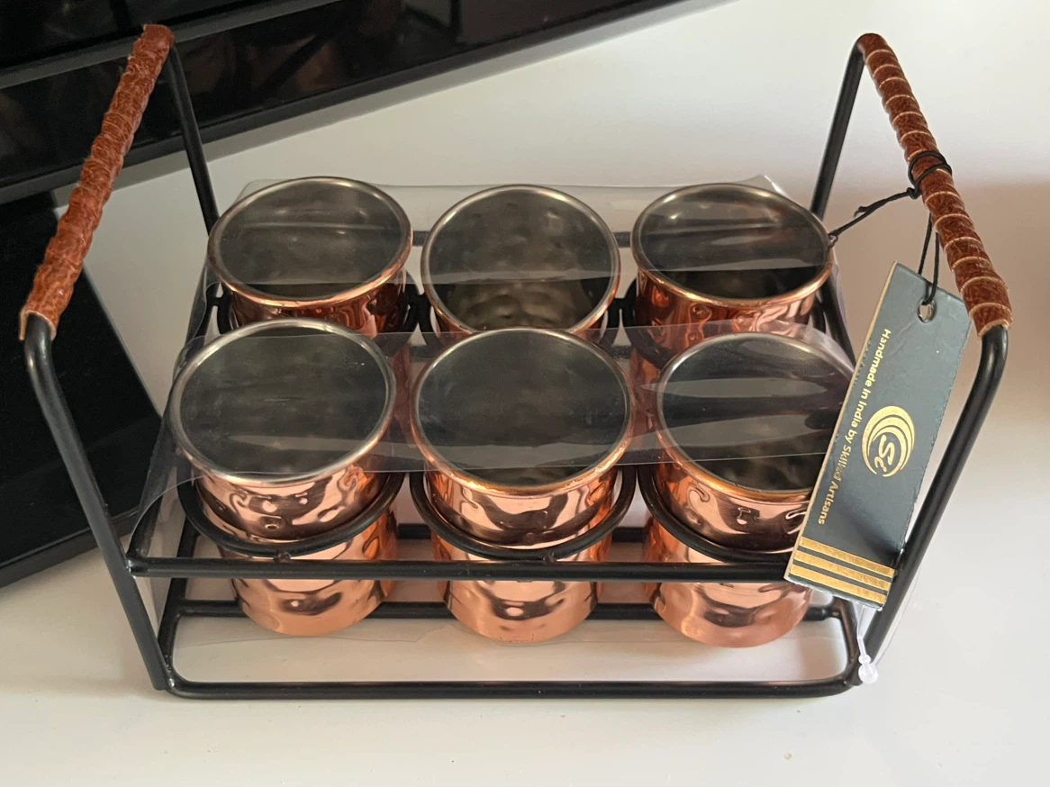 Set of 6 Copper Hammered Cups with Holder
