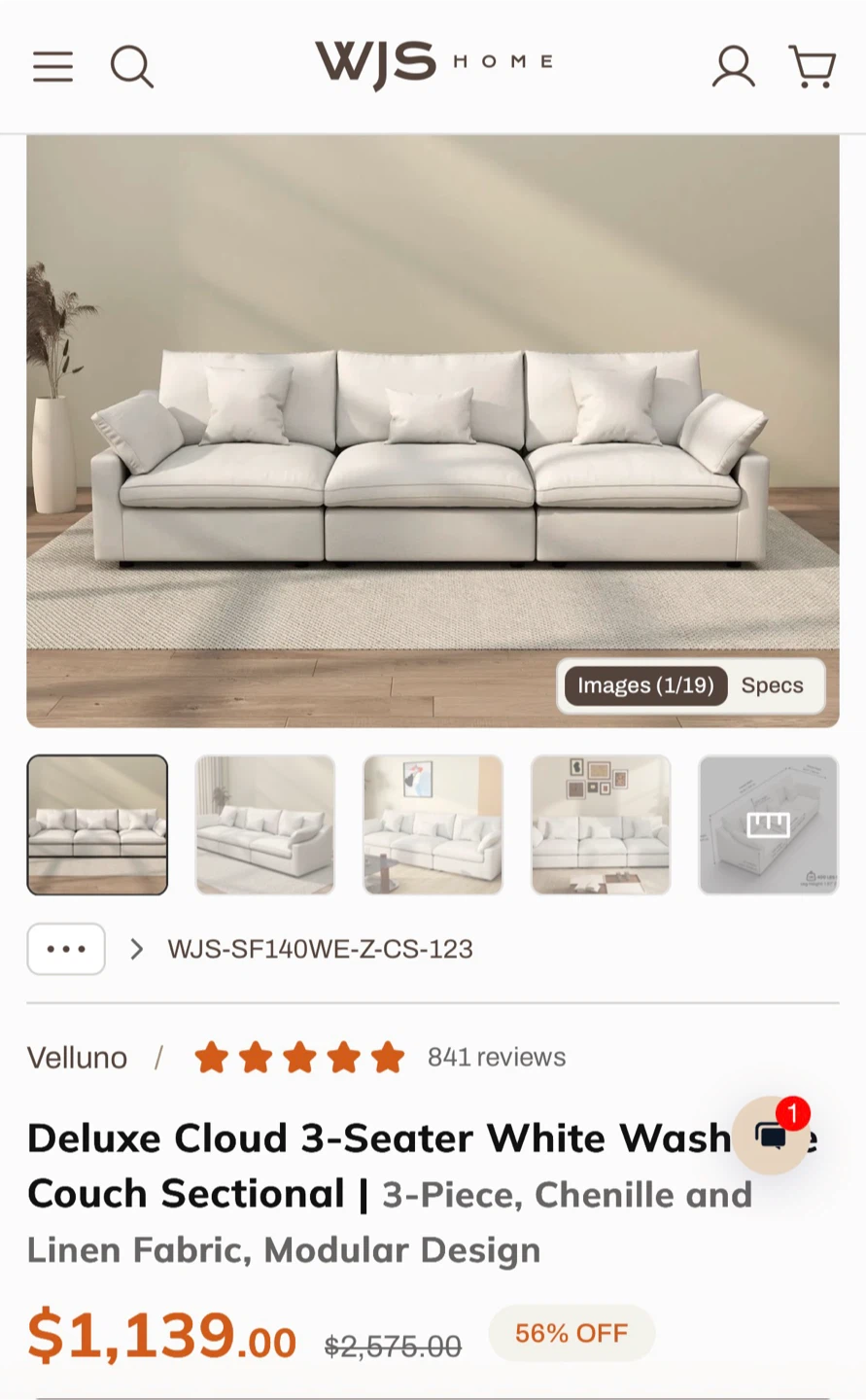WJS Home Velluno Deluxe Cloud 3-Seater Sectional