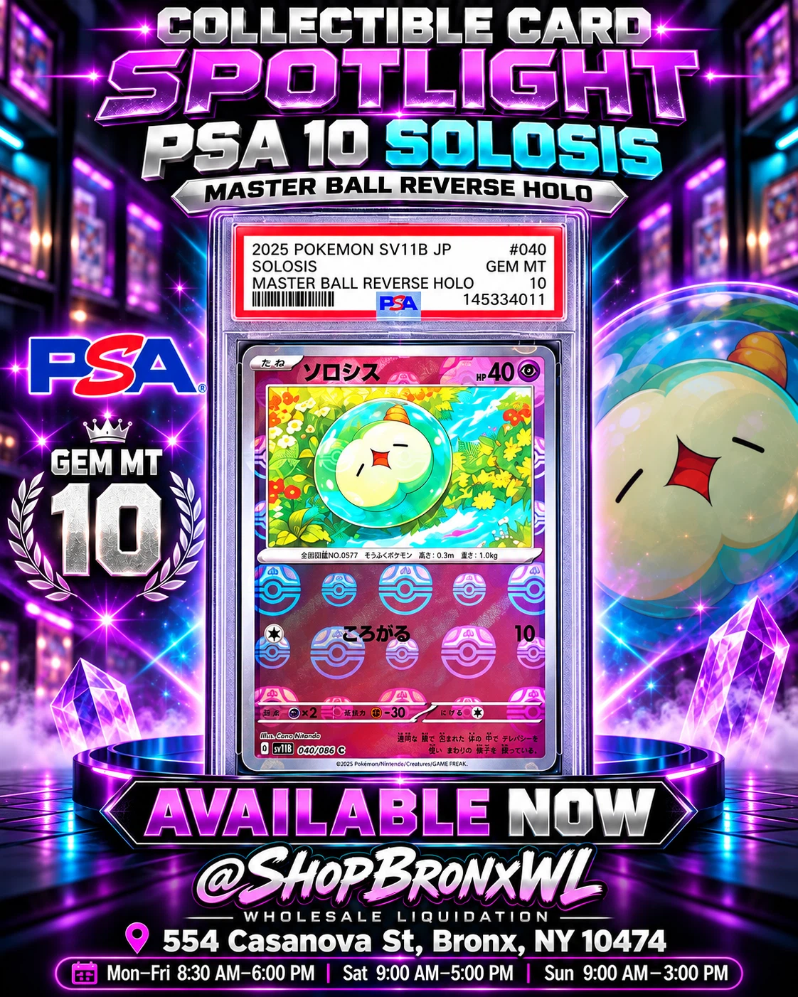 PSA 10 Solosis Master Ball Reverse Holo Pokemon Card